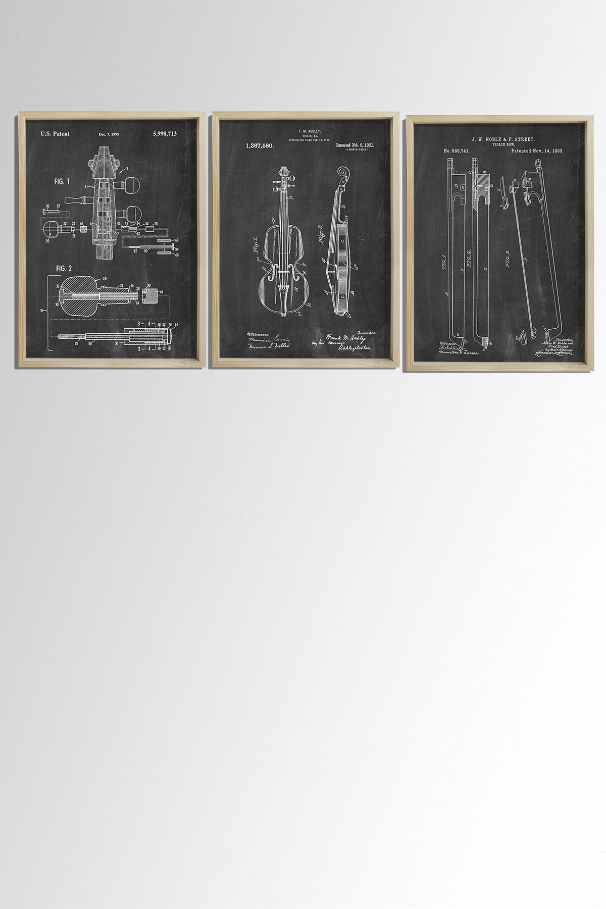 Doğal Çam Çerçeveli Müzik Odası Duvar Tablosu Antik Keman Tasarımı Patent Seti 1893