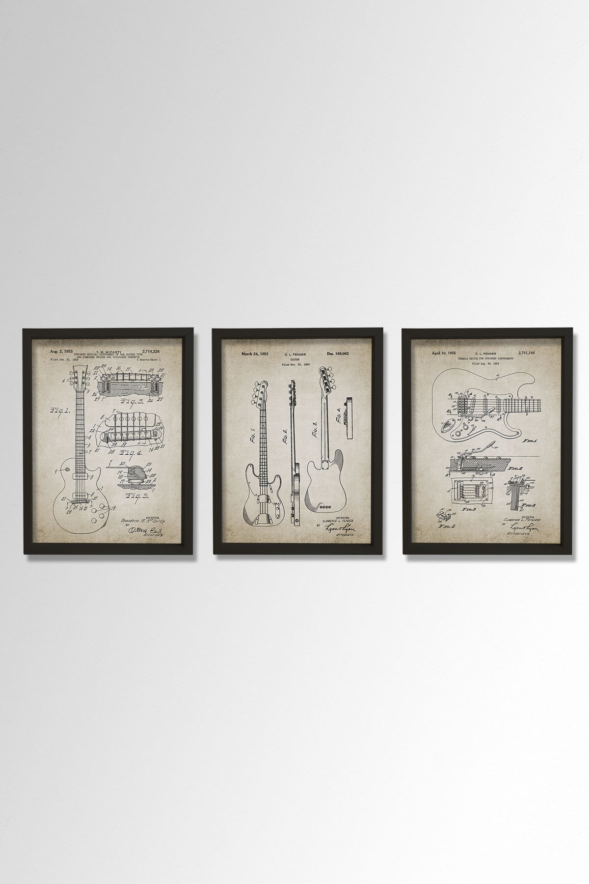 Doğal Çam Çerçeveli Müzik Odası Duvar Tablosu Antik Elektro Gitar Patenti 1953