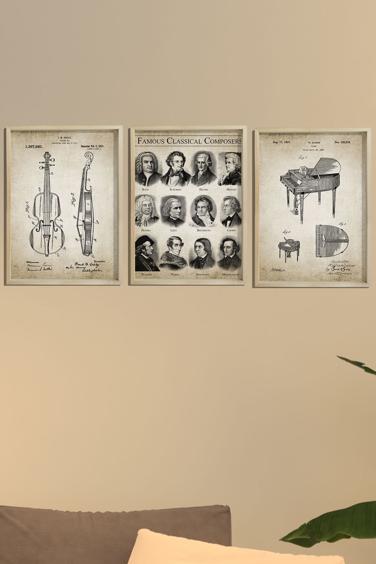 Doğal Çam Çerçeveli Müzik Odası Duvar Tablosu Ünlü Besteciler ve Orketra Sanat Baskıları