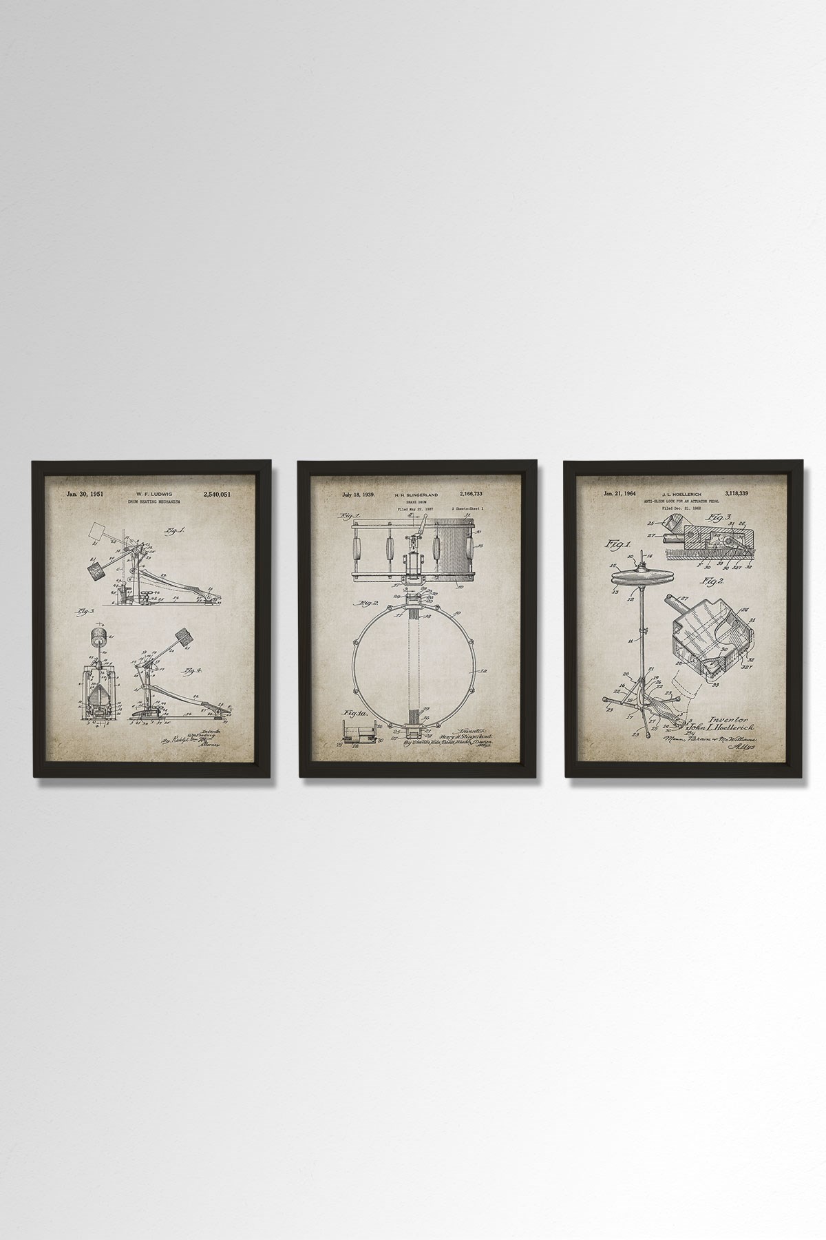 Doğal Çam Çerçeveli Müzik Odası Duvar Tablosu Antik Trampet - Zil - Davul Patenti 1939