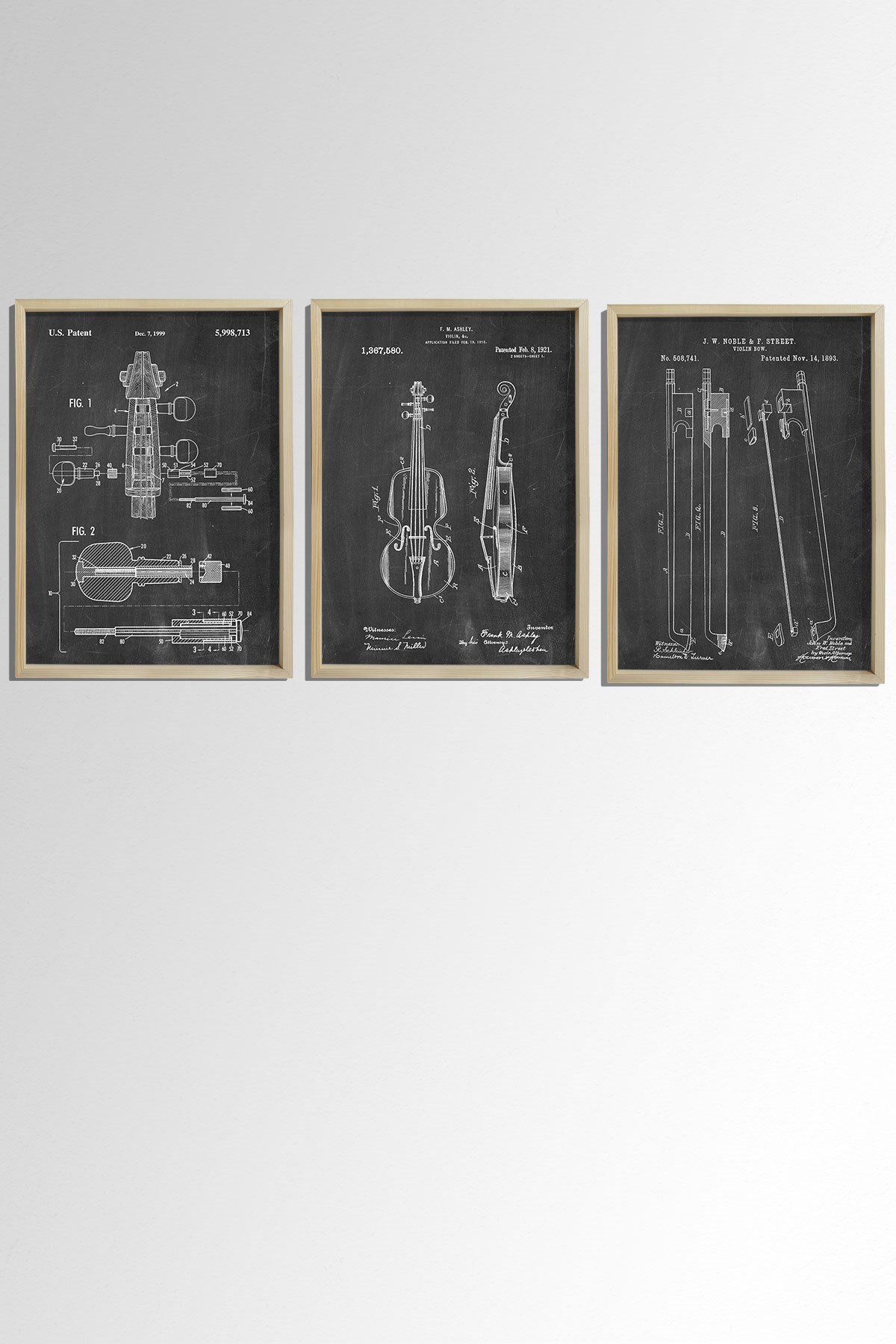 Doğal Çam Çerçeveli Müzik Odası Duvar Tablosu Antik Keman Tasarımı Patent Seti 1893