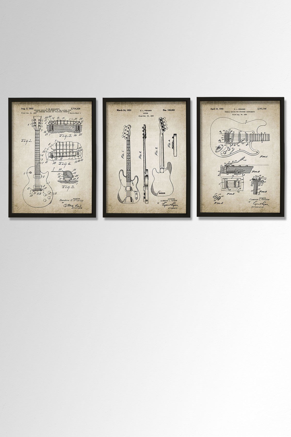 Doğal Çam Çerçeveli Müzik Odası Duvar Tablosu Antik Elektro Gitar Patenti 1953