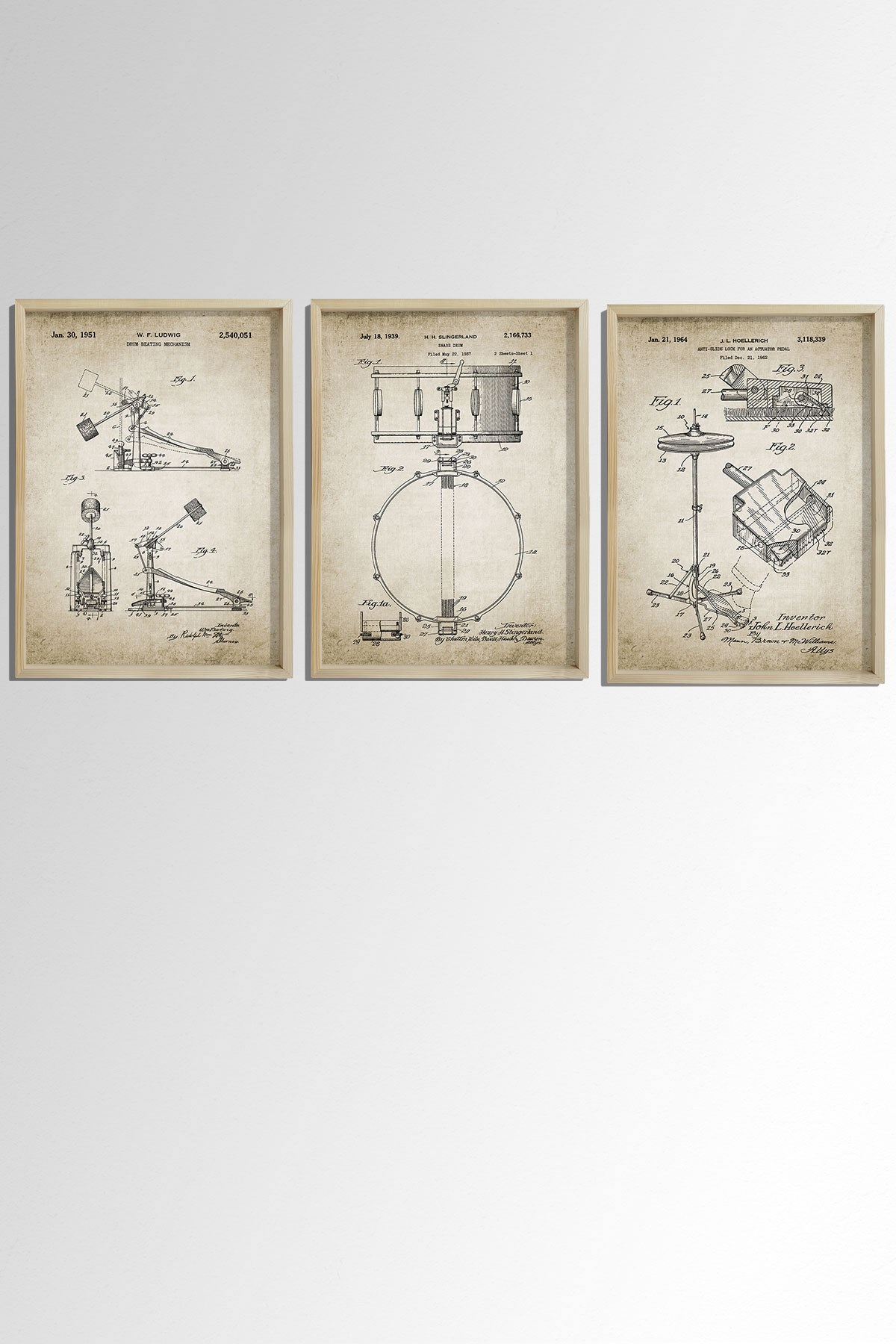 Doğal Çam Çerçeveli Müzik Odası Duvar Tablosu Antik Trampet - Zil - Davul Patenti 1939