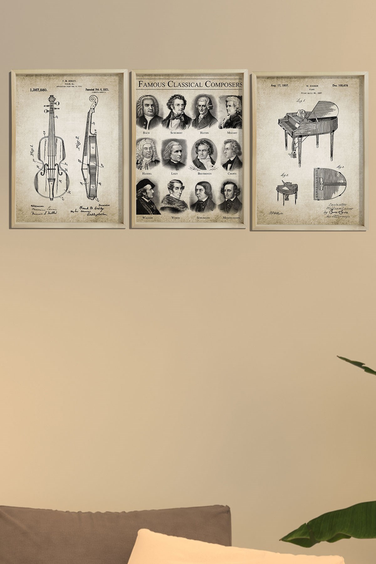 Doğal Çam Çerçeveli Müzik Odası Duvar Tablosu Ünlü Besteciler ve Orketra Sanat Baskıları