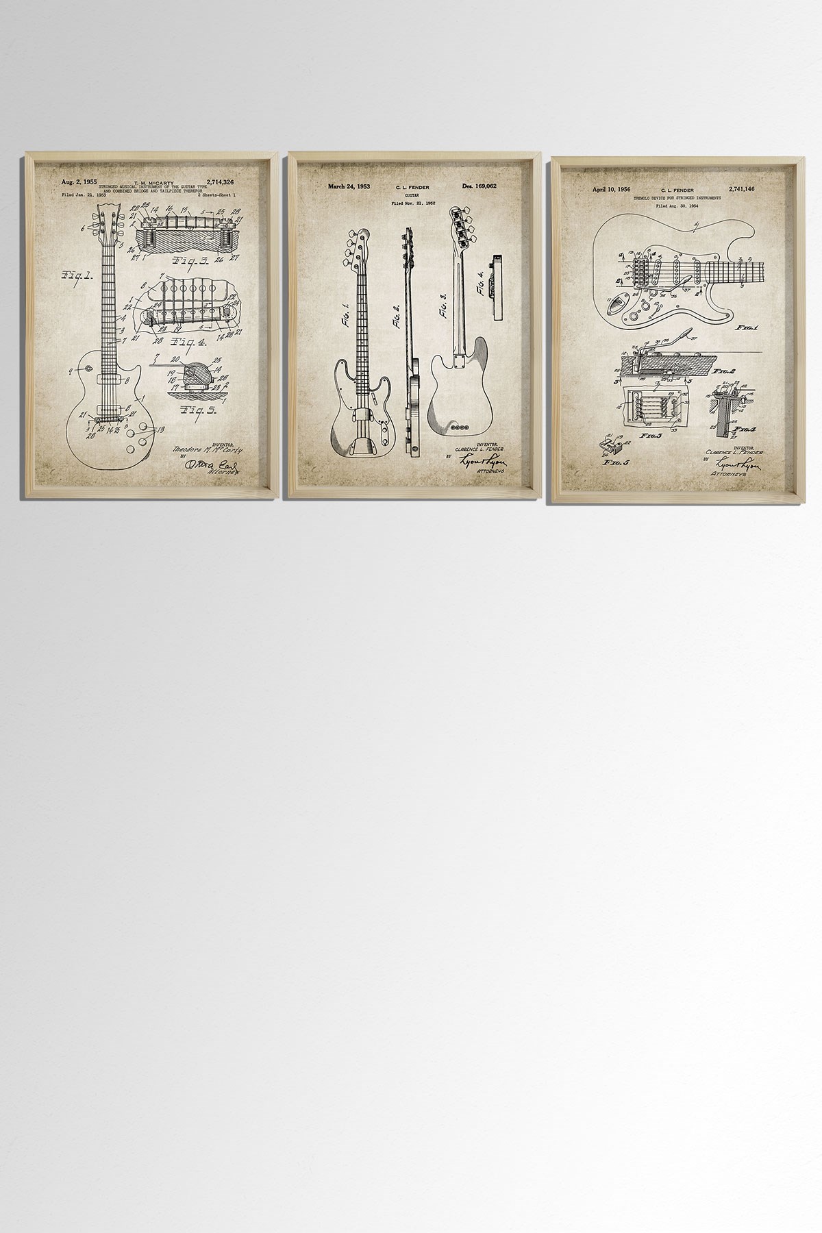 Doğal Çam Çerçeveli Müzik Odası Duvar Tablosu Antik Elektro Gitar Patenti 1953