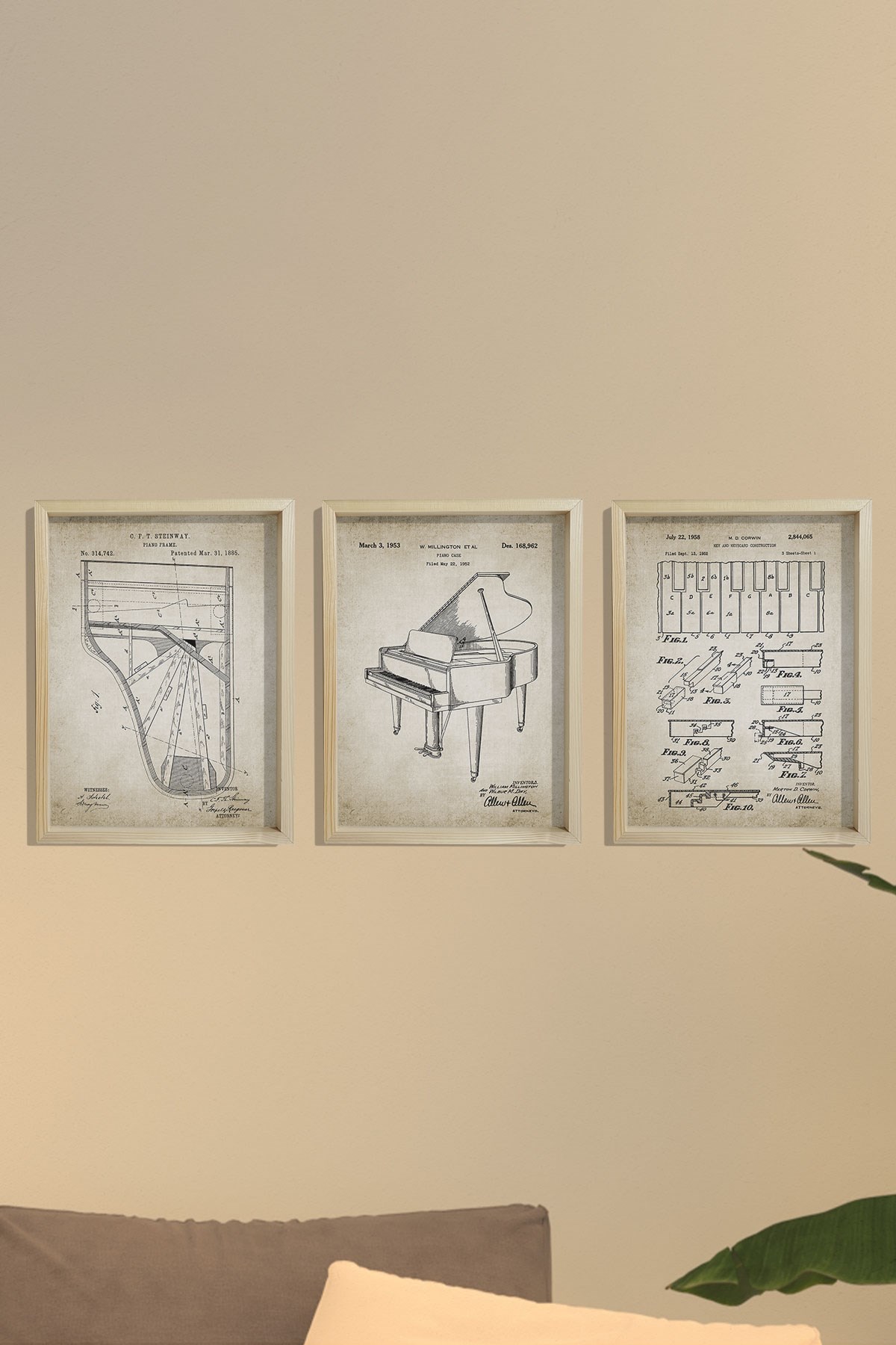 Doğal Çam Çerçeveli Müzik Odası Duvar Tablosu Antik Kuyruklu Piyano Patentleri 1885