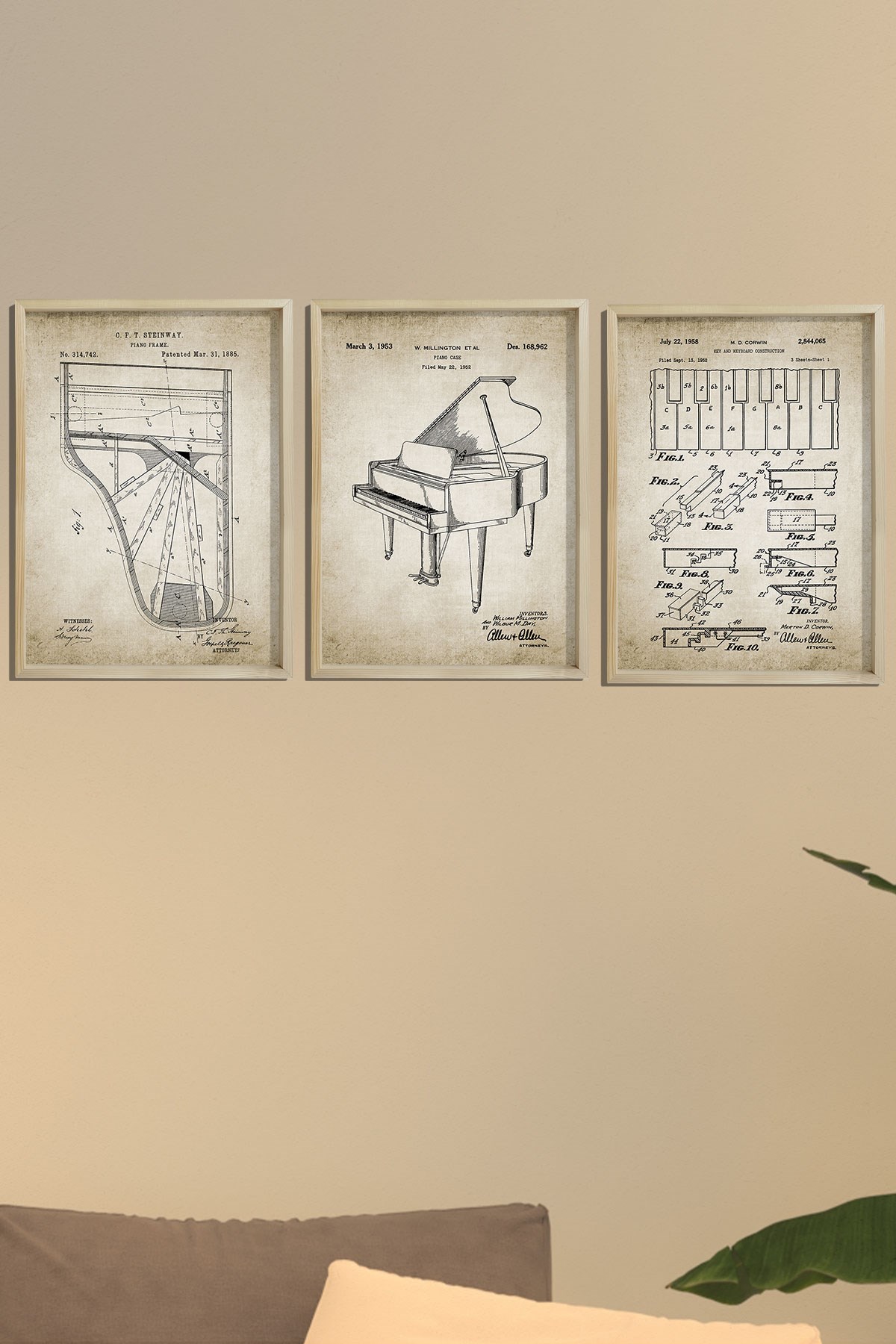 Doğal Çam Çerçeveli Müzik Odası Duvar Tablosu Antik Kuyruklu Piyano Patentleri 1885