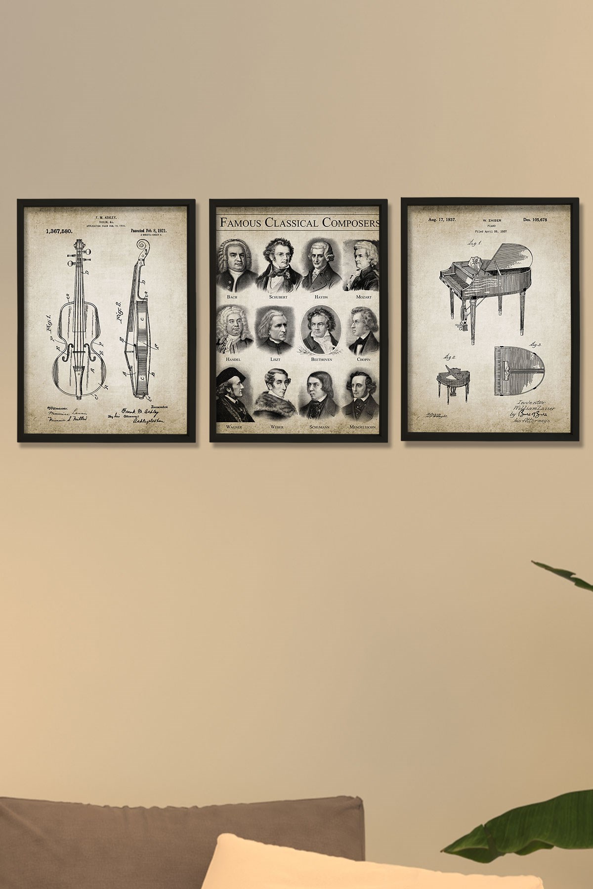 Doğal Çam Çerçeveli Müzik Odası Duvar Tablosu Ünlü Besteciler ve Orketra Sanat Baskıları