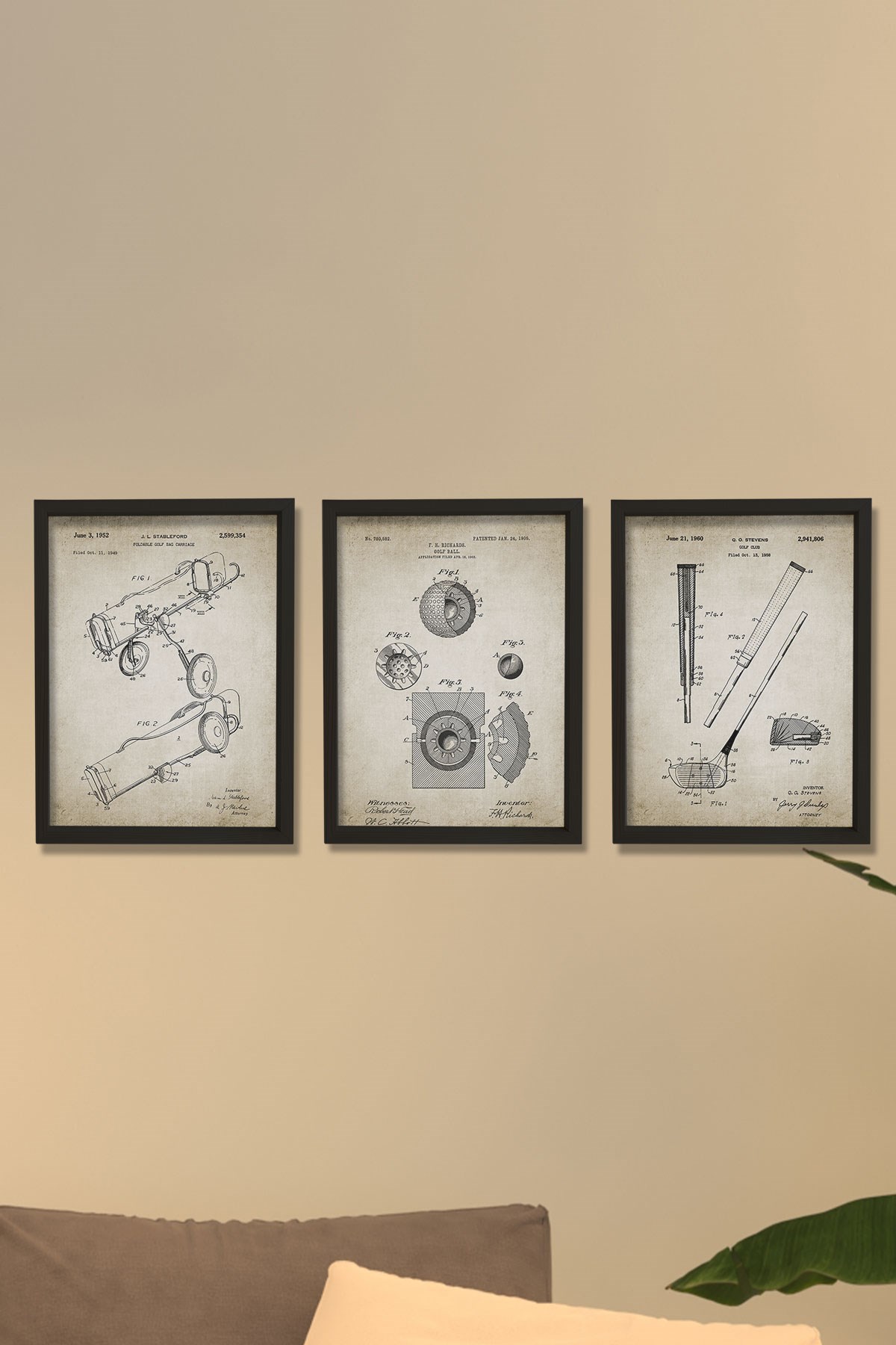 Doğal Çam Çerçeveli Spor Odası Duvar Tablosu Golf Ekipman Patent Baskıları 1960