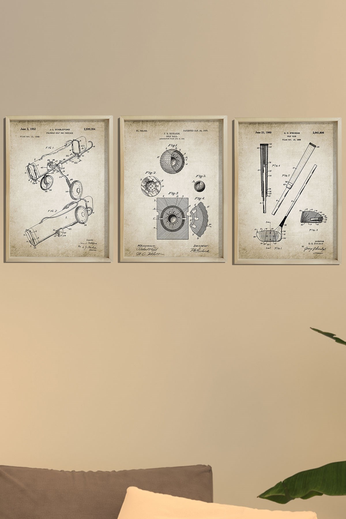 Doğal Çam Çerçeveli Spor Odası Duvar Tablosu Golf Ekipman Patent Baskıları 1960