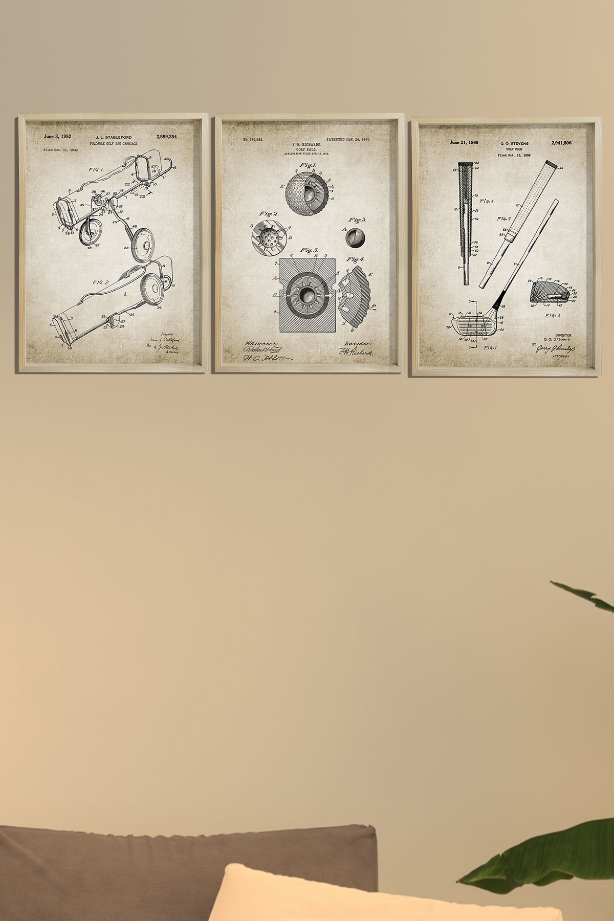 Doğal Çam Çerçeveli Spor Odası Duvar Tablosu Golf Ekipman Patent Baskıları 1960
