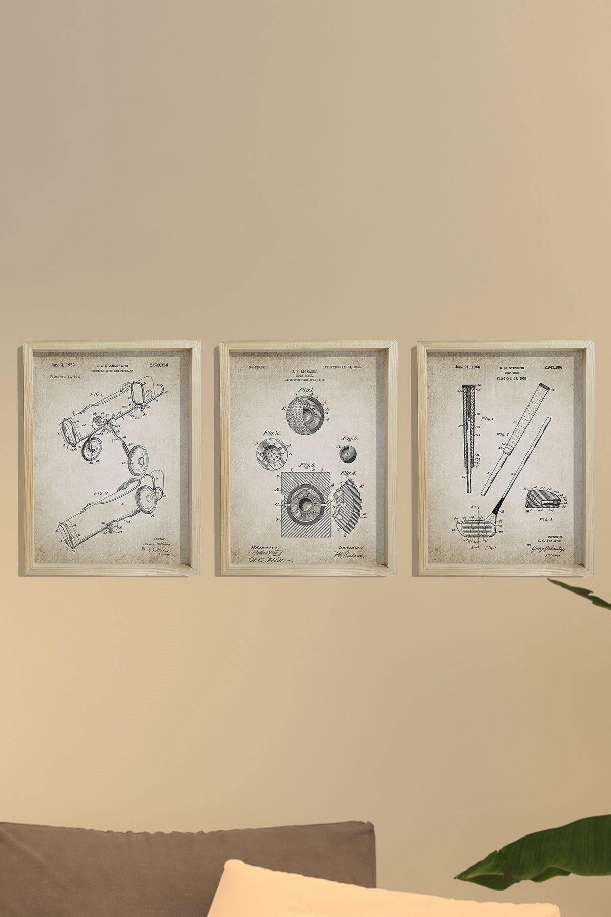 Doğal Çam Çerçeveli Spor Odası Duvar Tablosu Golf Ekipman Patent Baskıları 1960