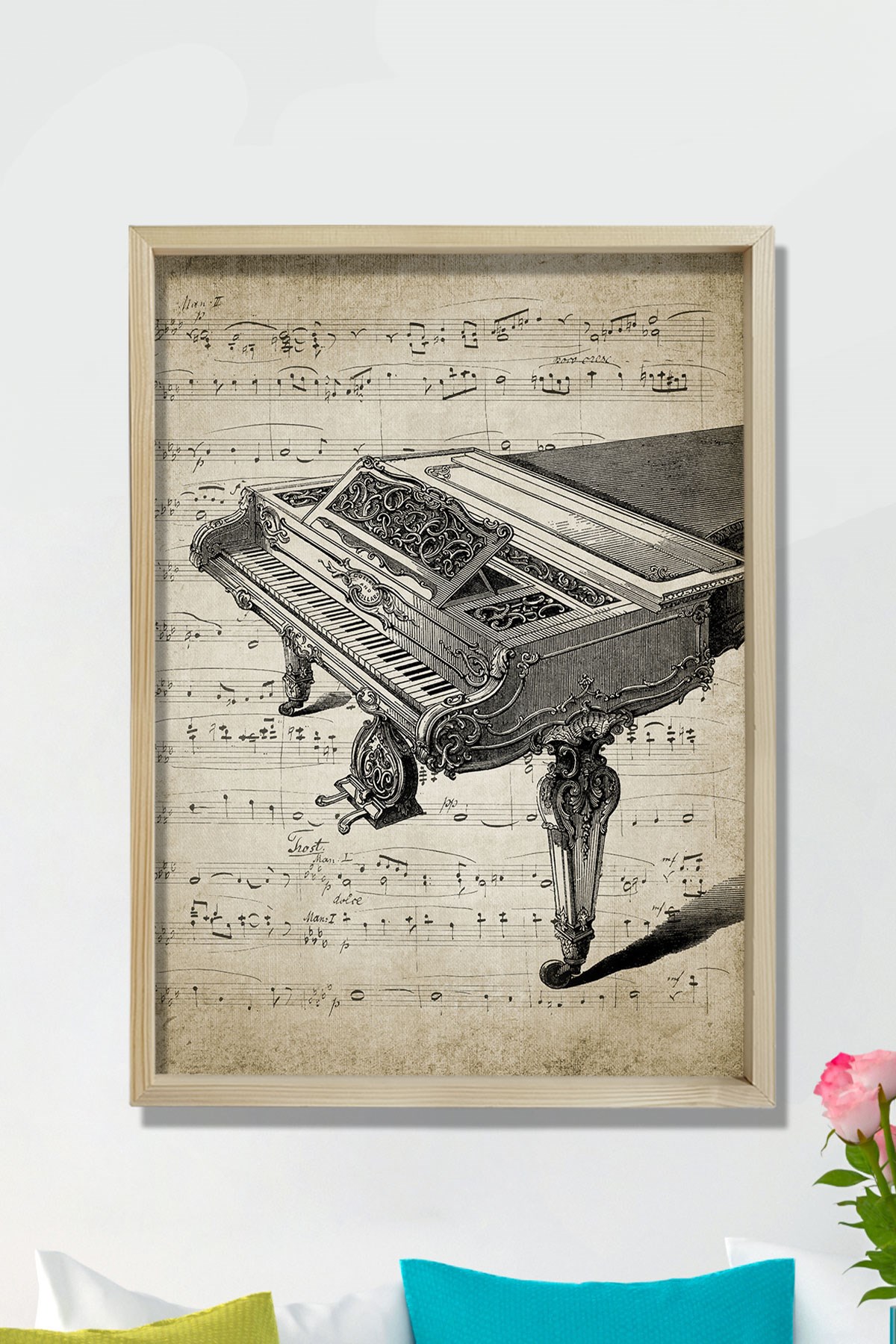 Doğal Çam Müzik Odası Çerçeveli Duvar Tablosu Antik Kuyruklu Piyano ve Notalar