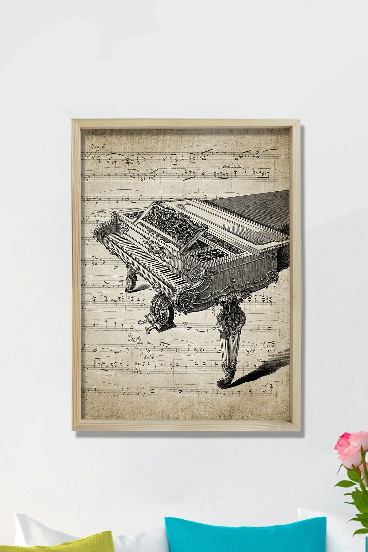 Doğal Çam Müzik Odası Çerçeveli Duvar Tablosu Antik Kuyruklu Piyano ve Notalar