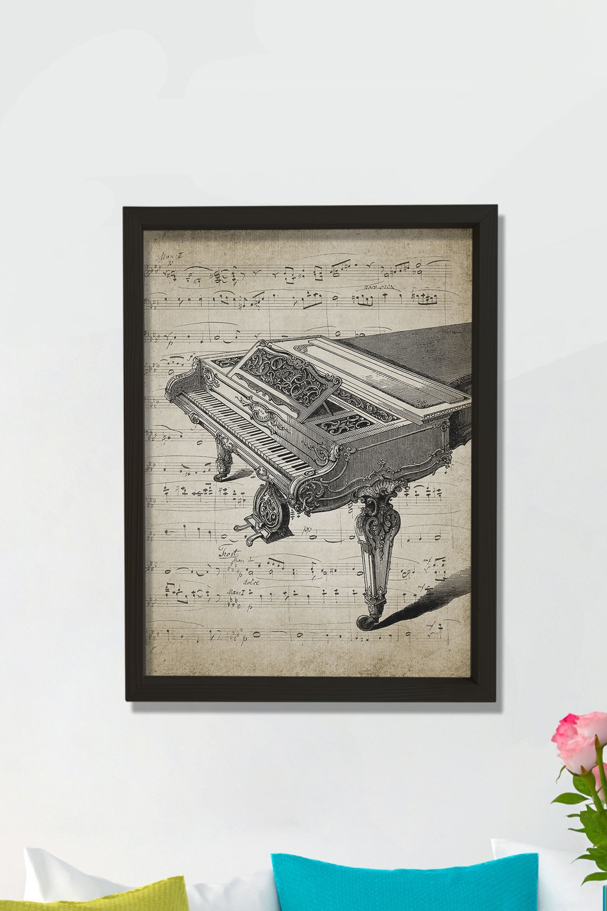 Doğal Çam Müzik Odası Çerçeveli Duvar Tablosu Antik Kuyruklu Piyano ve Notalar