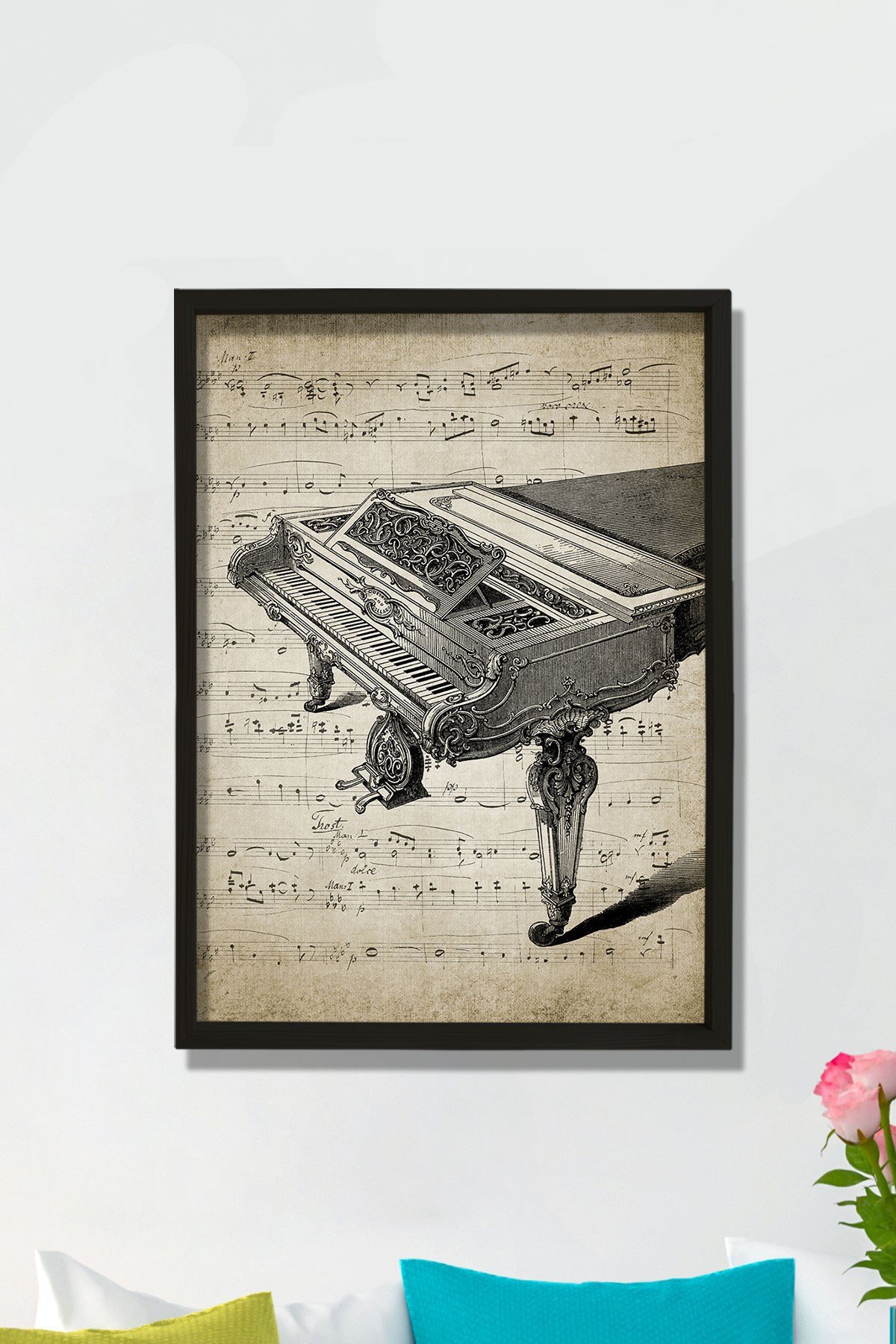 Doğal Çam Müzik Odası Çerçeveli Duvar Tablosu Antik Kuyruklu Piyano ve Notalar