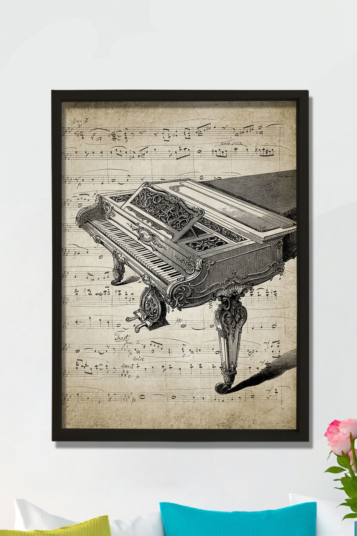 Doğal Çam Müzik Odası Çerçeveli Duvar Tablosu Antik Kuyruklu Piyano ve Notalar