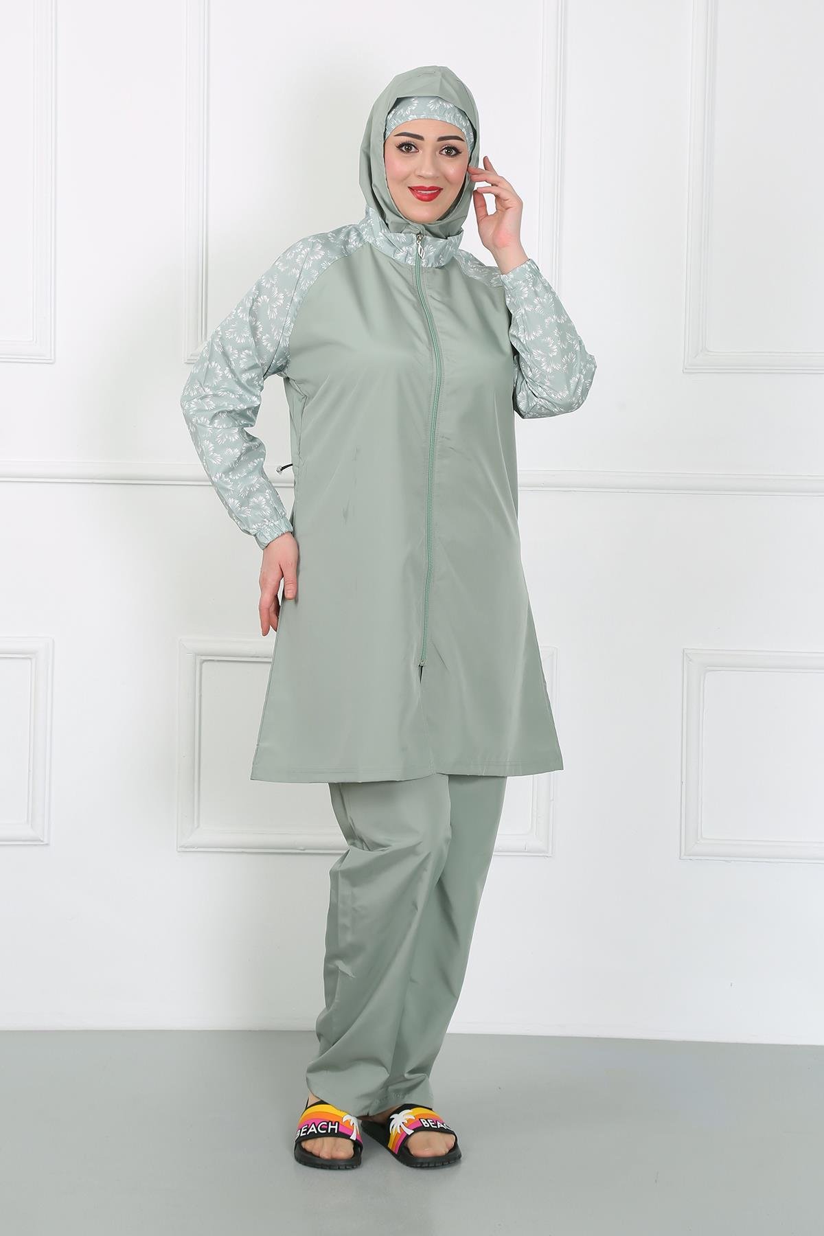 Akbeniz Büyük Beden Desenli Tesettür Mayo Su Yeşili 44030