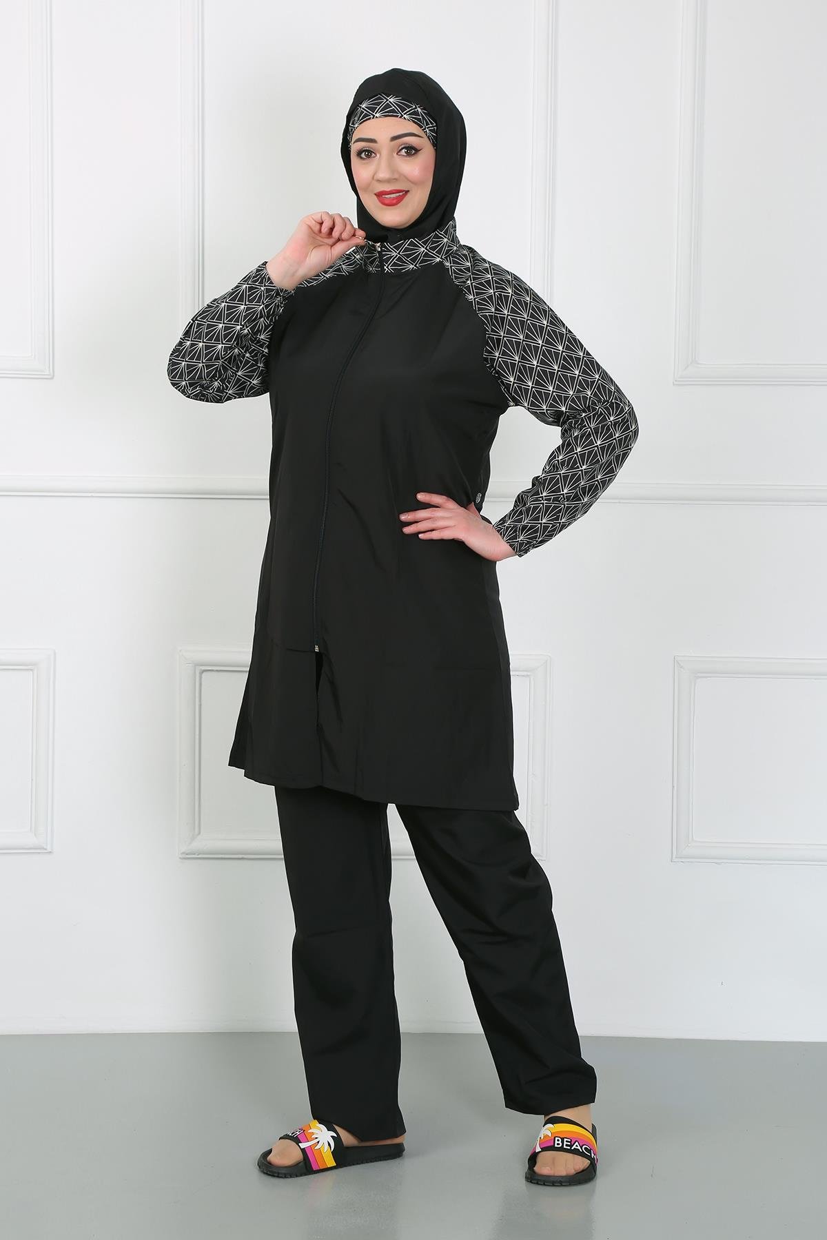 Akbeniz Büyük Beden Desenli Tesettür Mayo Siyah 44030
