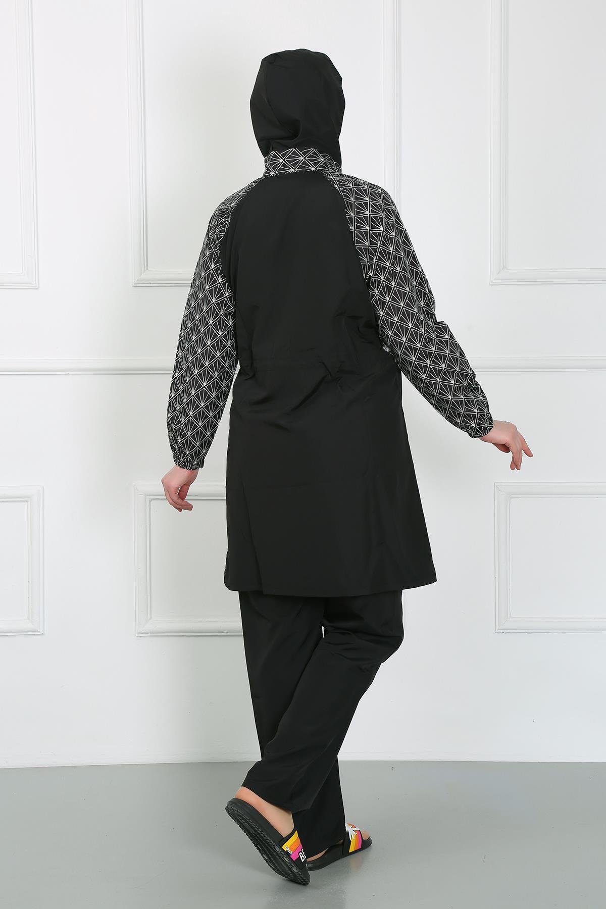 Akbeniz Büyük Beden Desenli Tesettür Mayo Siyah 44030