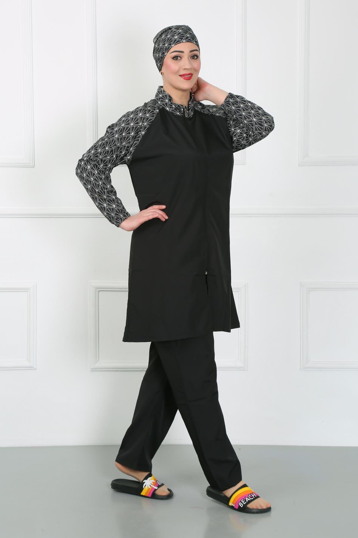 Akbeniz Büyük Beden Desenli Tesettür Mayo Siyah 44030