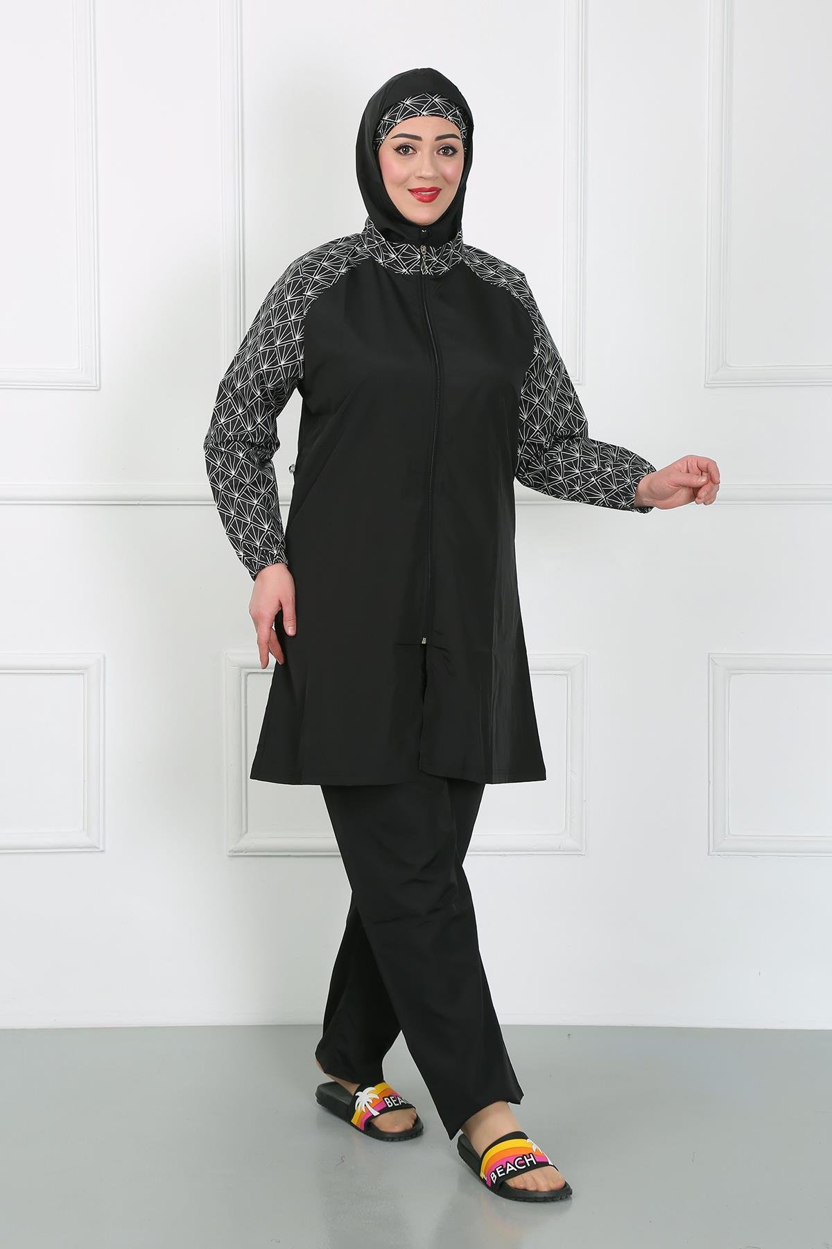 Akbeniz Büyük Beden Desenli Tesettür Mayo Siyah 44030