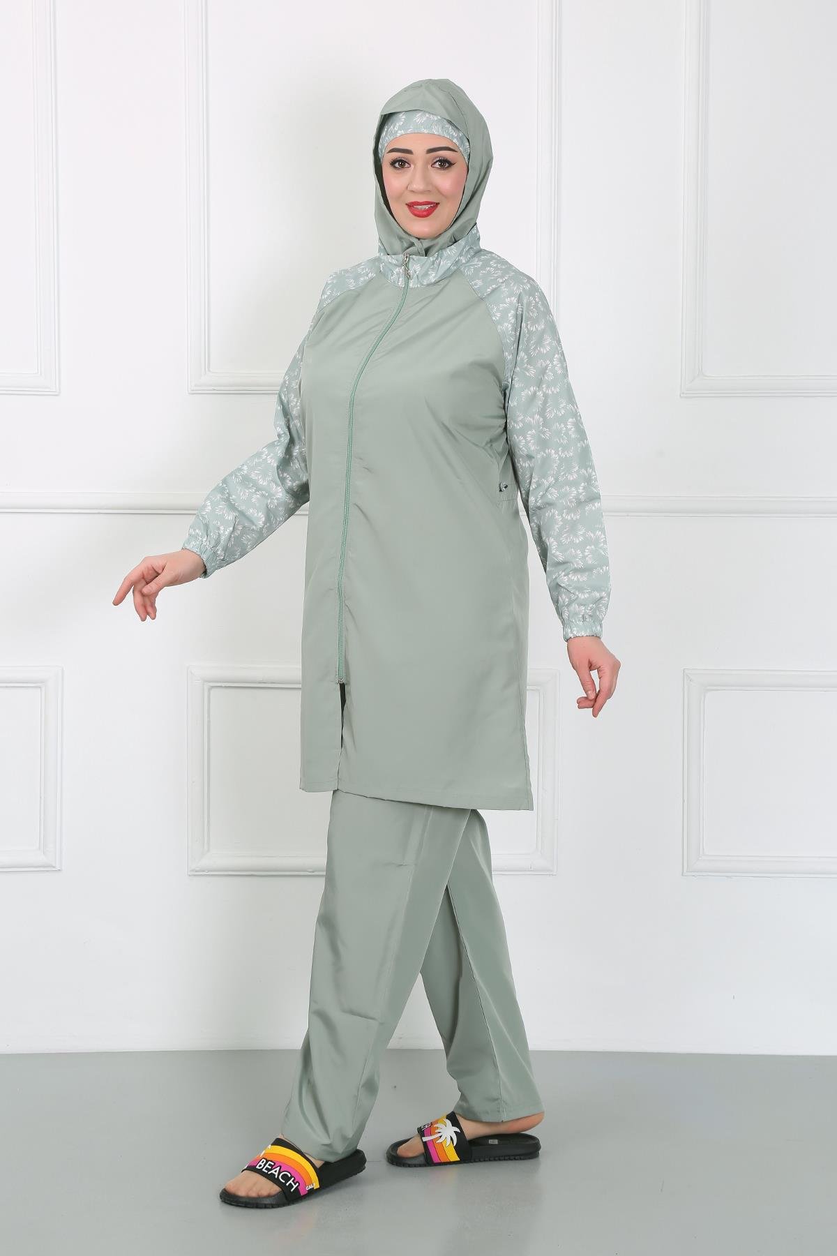 Akbeniz Büyük Beden Desenli Tesettür Mayo Su Yeşili 44030