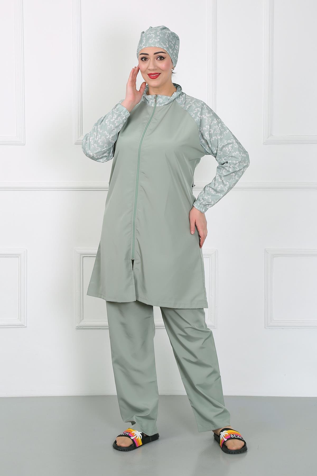 Akbeniz Büyük Beden Desenli Tesettür Mayo Su Yeşili 44030