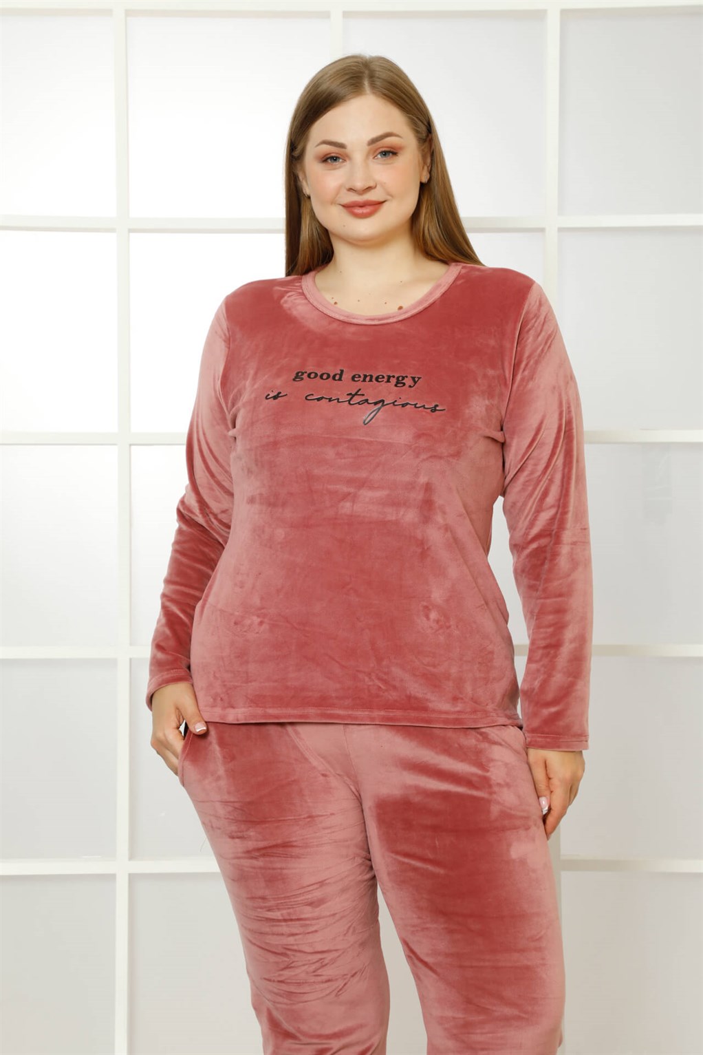 Akbeniz Büyük Beden Kadın Kadife Pijama Takım 9044