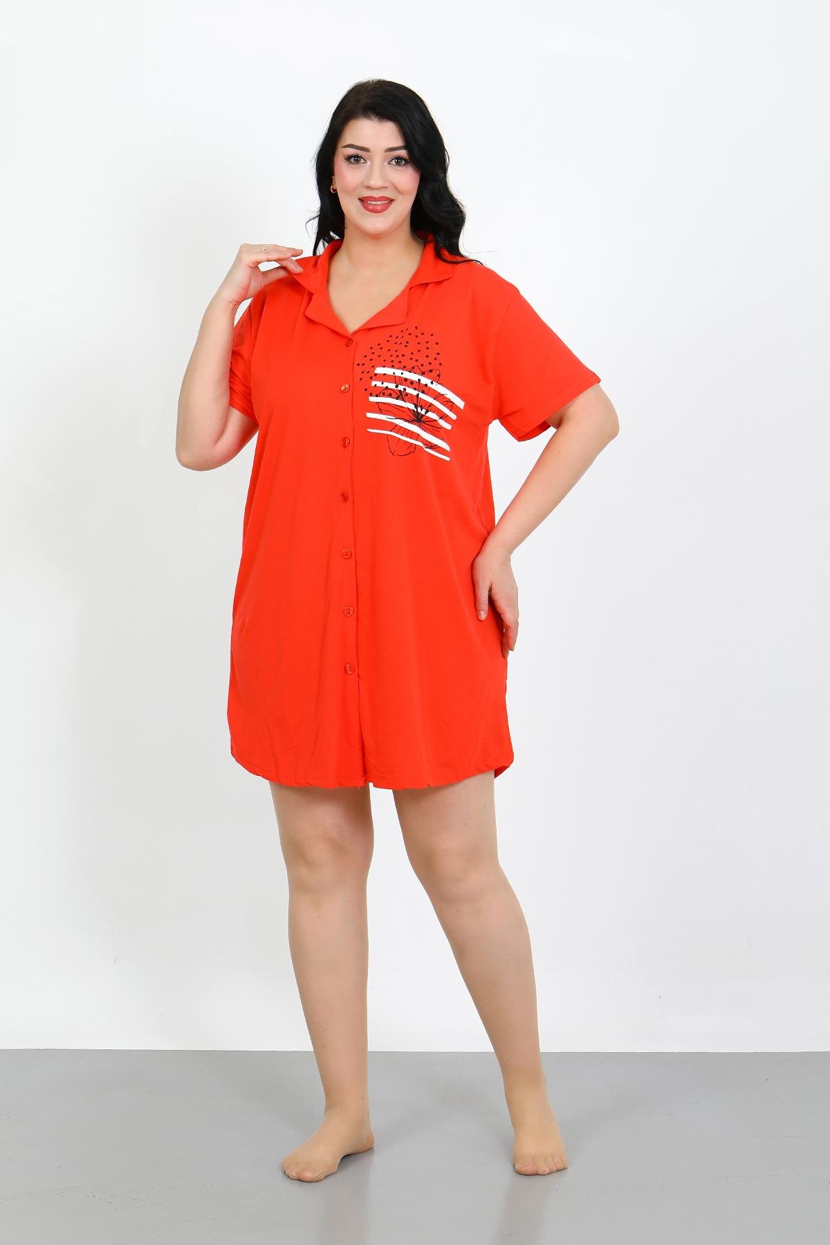 Akbeniz Büyük Beden Penye Düğmeli Nar Çiçeği Tunik Gecelik 1025