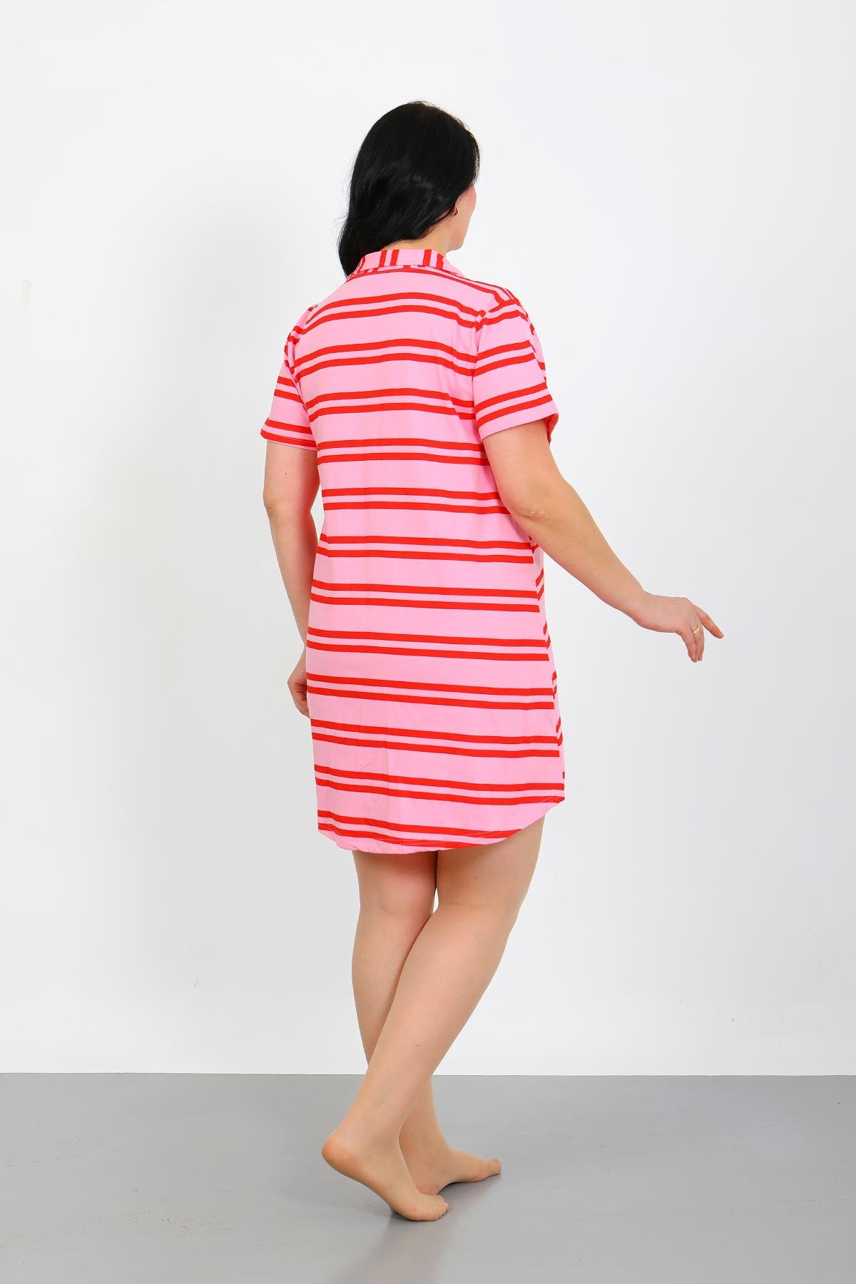 Akbeniz Büyük Beden Penye Düğmeli Pembe Tunik Gecelik 1033