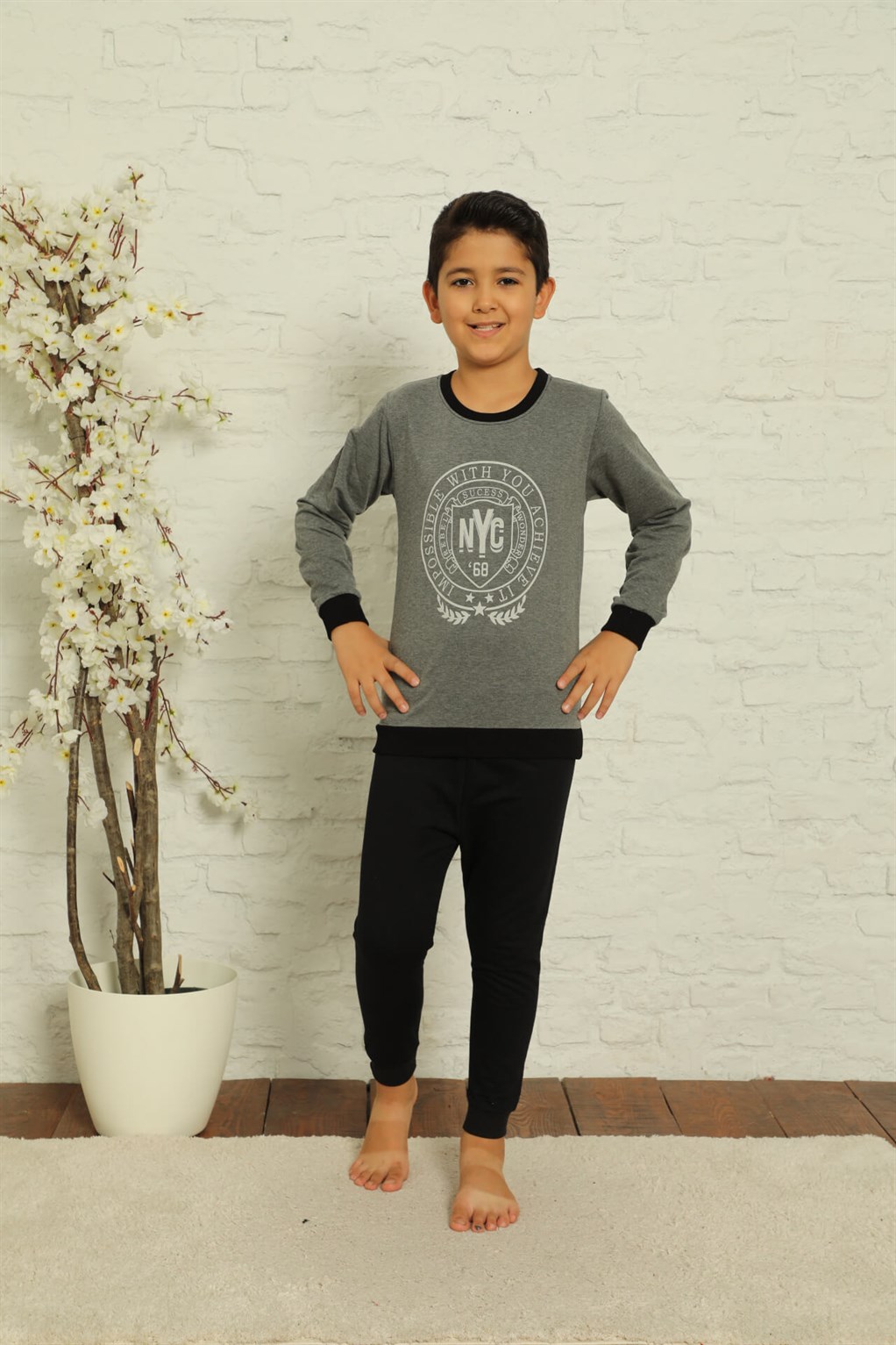 Akbeniz Çocuk Pamuk Manşetli Uzun Kollu Pijama Takımı 4598