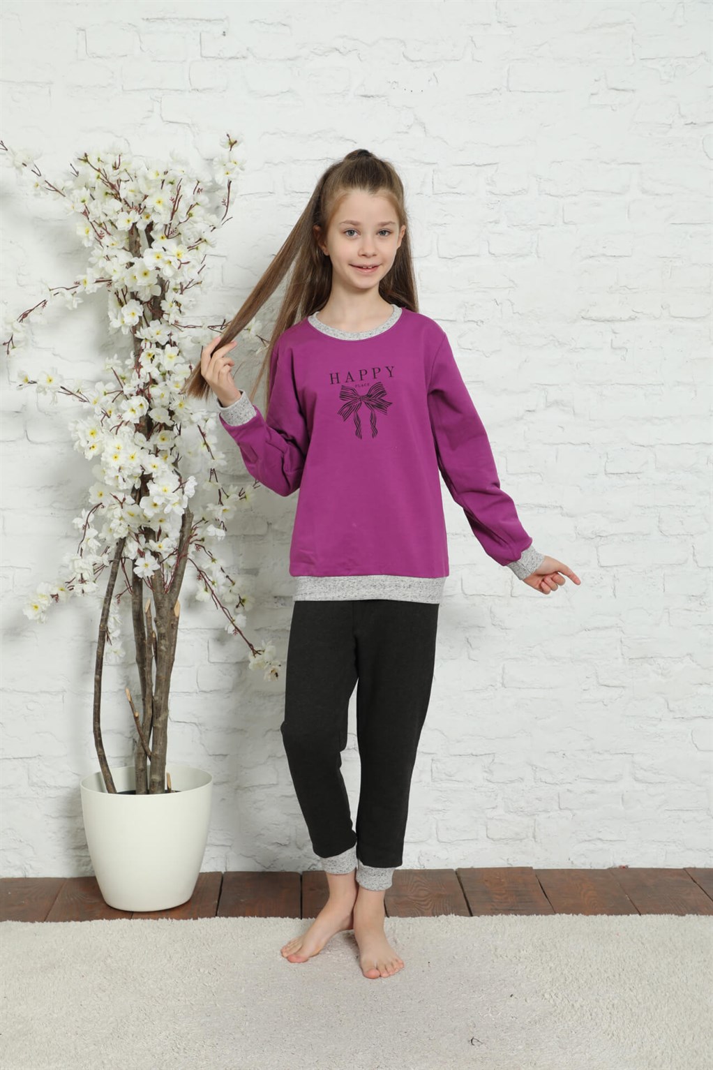 Akbeniz Çocuk Pamuk Manşetli Uzun Kollu Pijama Takımı 4603