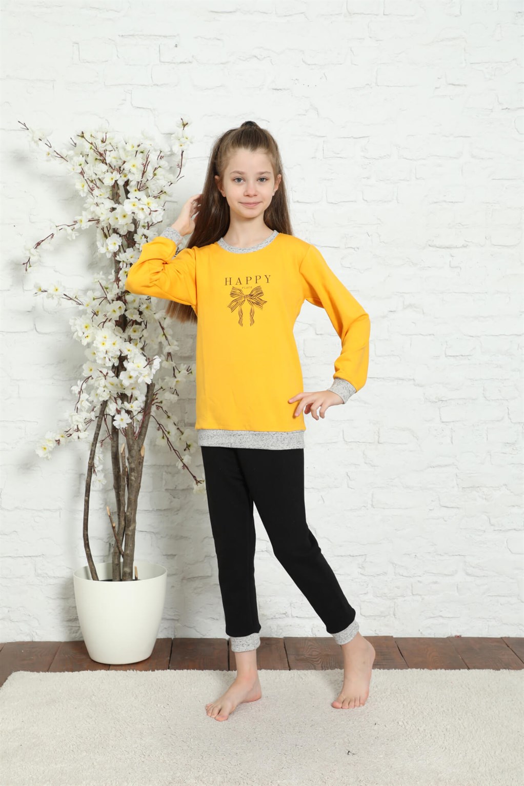 Akbeniz Çocuk Pamuk Manşetli Uzun Kollu Pijama Takımı 4599