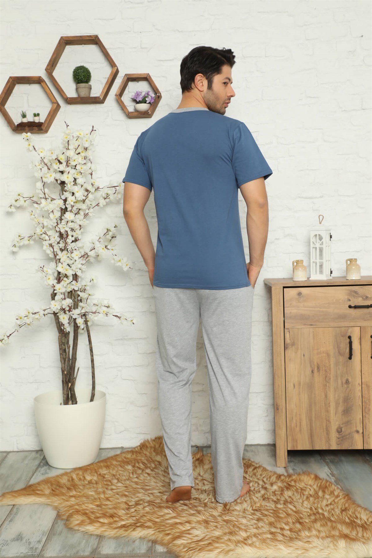 Akbeniz Erkek %100 Pamuk Cepli Kısa Kollu Pijama Takımı 6730