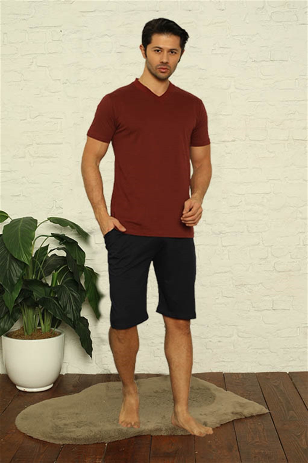 Akbeniz Erkek Bordo V Yaka 3'lü Pijama Takım