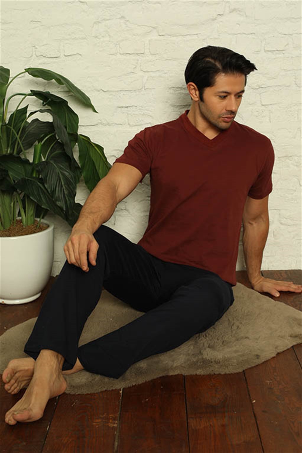 Akbeniz Erkek Bordo V Yaka 3'lü Pijama Takım