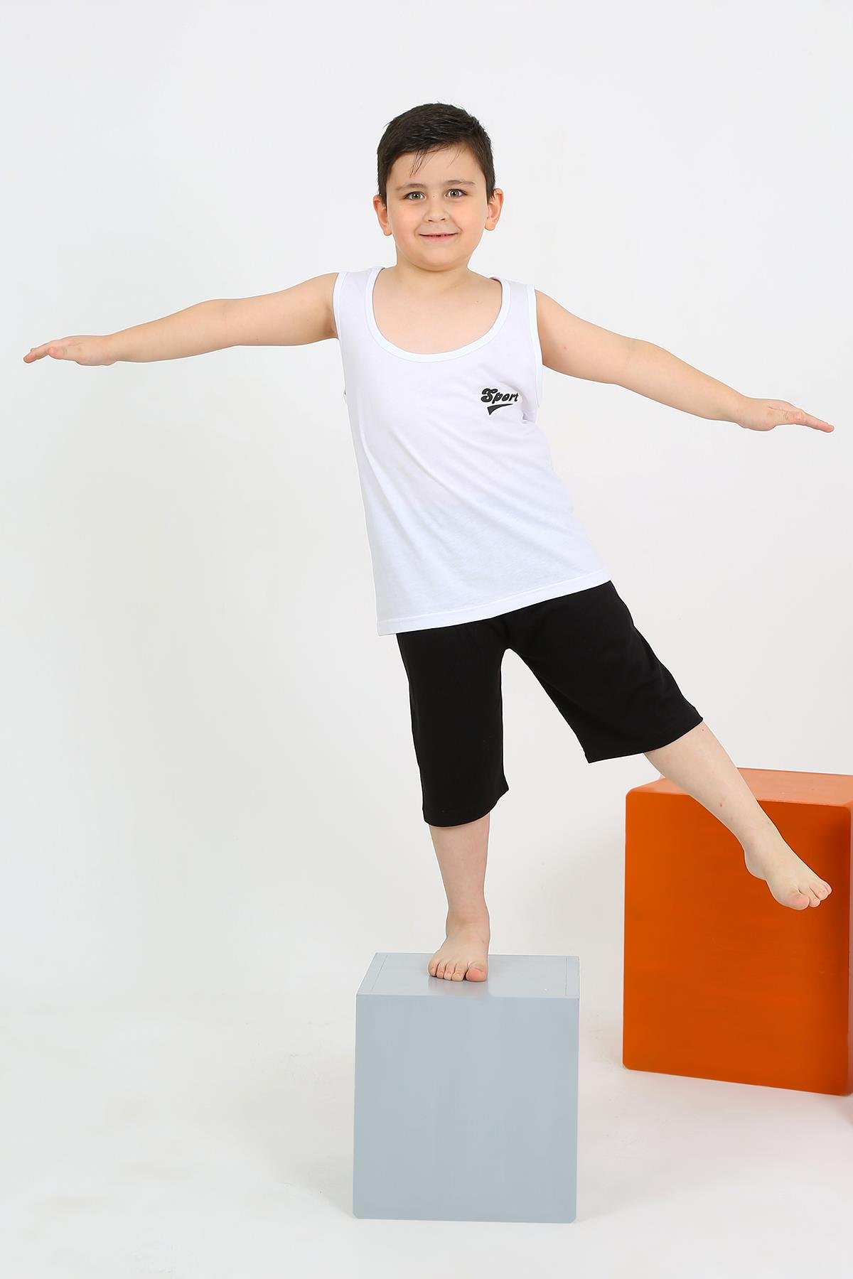 Akbeniz Erkek Çocuk Sıfır Kol Şortlu Beyaz Penye Pijama Takımı 20434