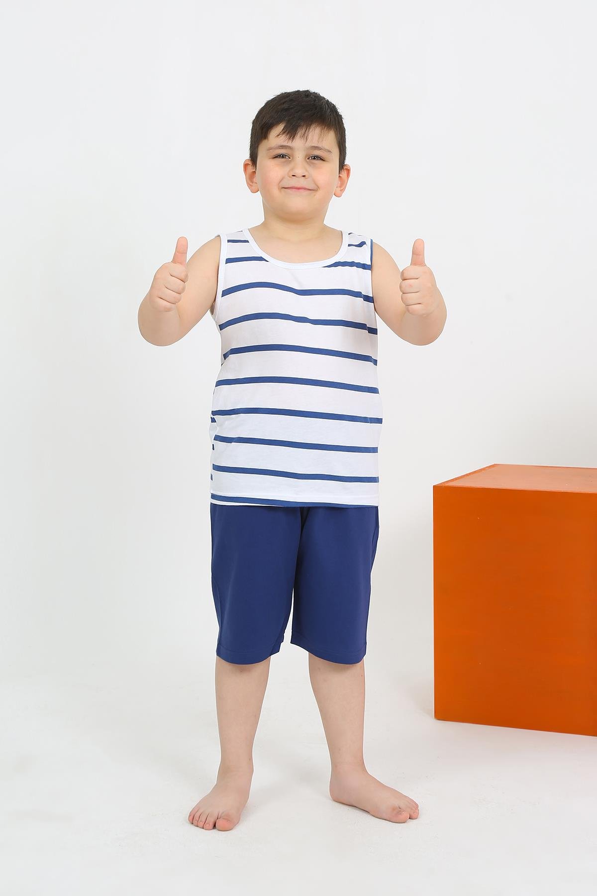 Akbeniz Erkek Çocuk Sıfır Kol Şortlu Beyaz Penye Pijama Takımı 20435