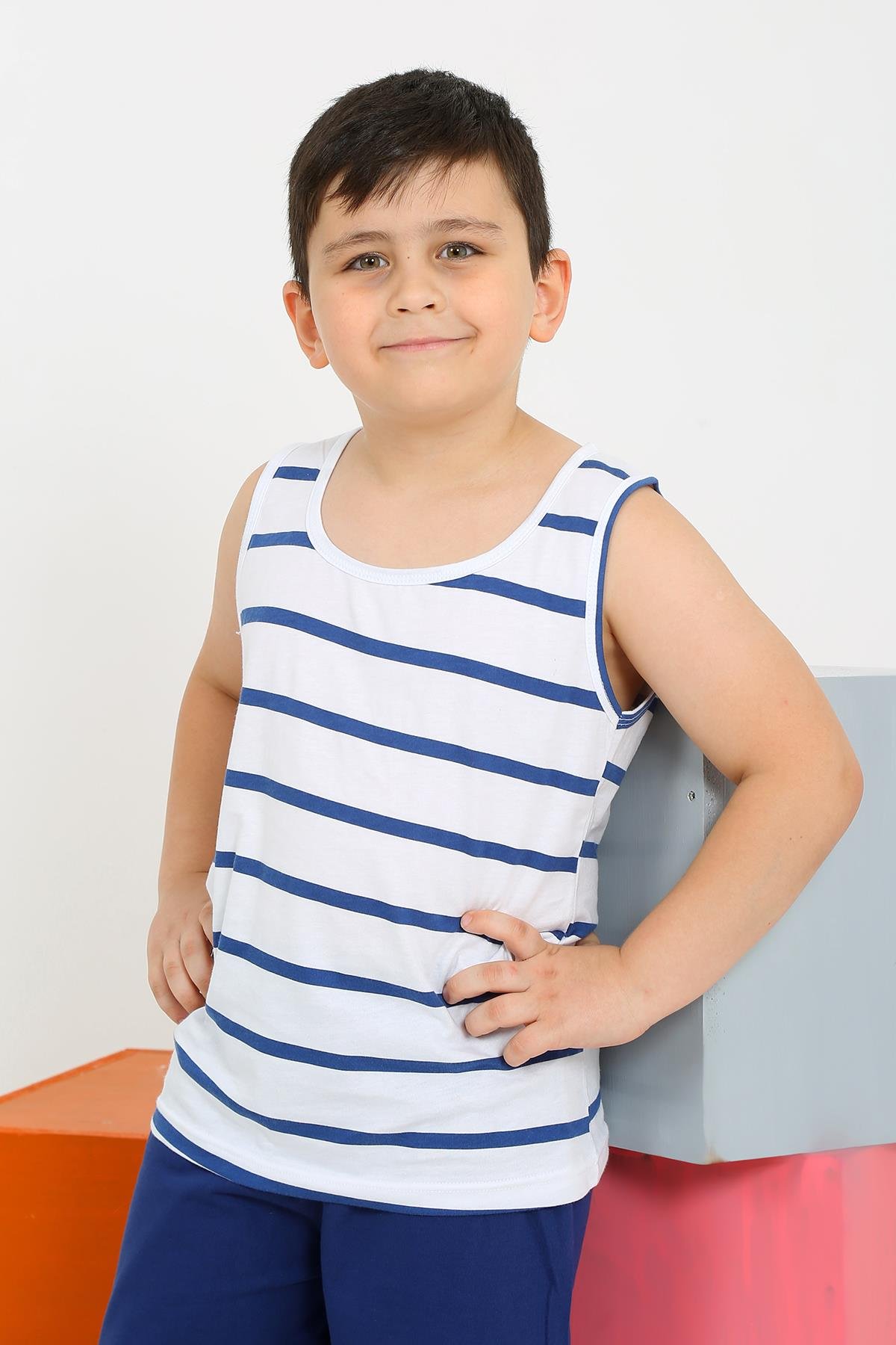 Akbeniz Erkek Çocuk Sıfır Kol Şortlu Beyaz Penye Pijama Takımı 20435
