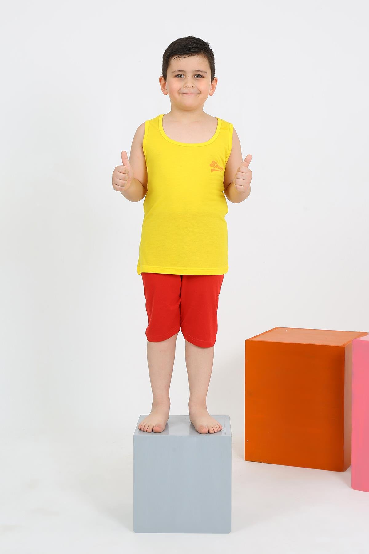 Akbeniz Erkek Çocuk Sıfır Kol Şortlu Sarı Penye Pijama Takımı 20434