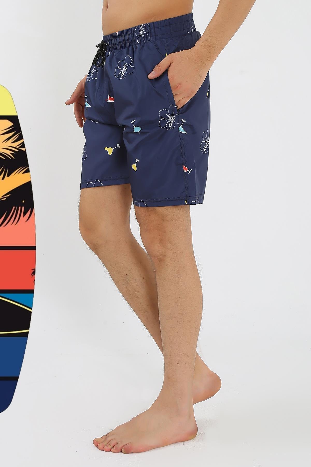 Akbeniz Erkek Desenli Fermuar Cepli Deniz Şortu Lacivert 27526