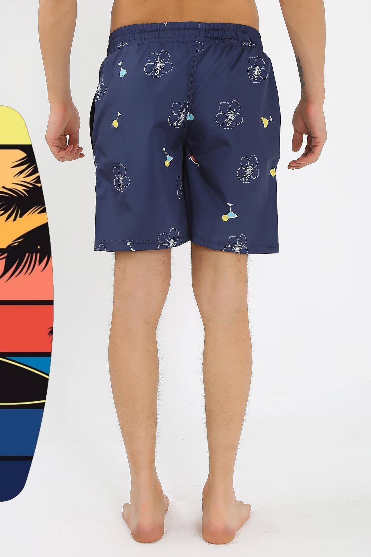 Akbeniz Erkek Desenli Fermuar Cepli Deniz Şortu Lacivert 27526