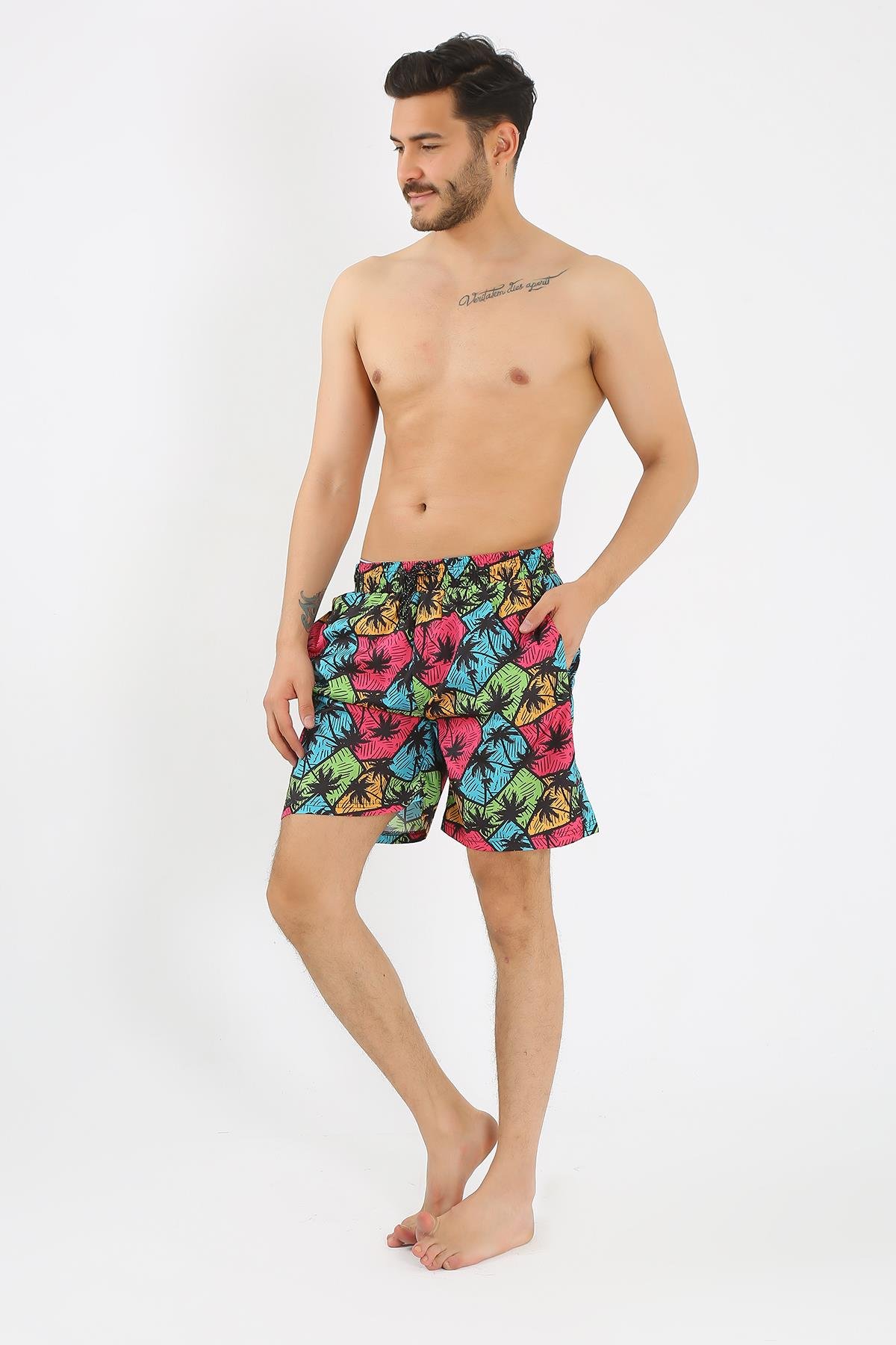 Akbeniz Erkek Desenli Fermuar Cepli Deniz Şortu Siyah 27526