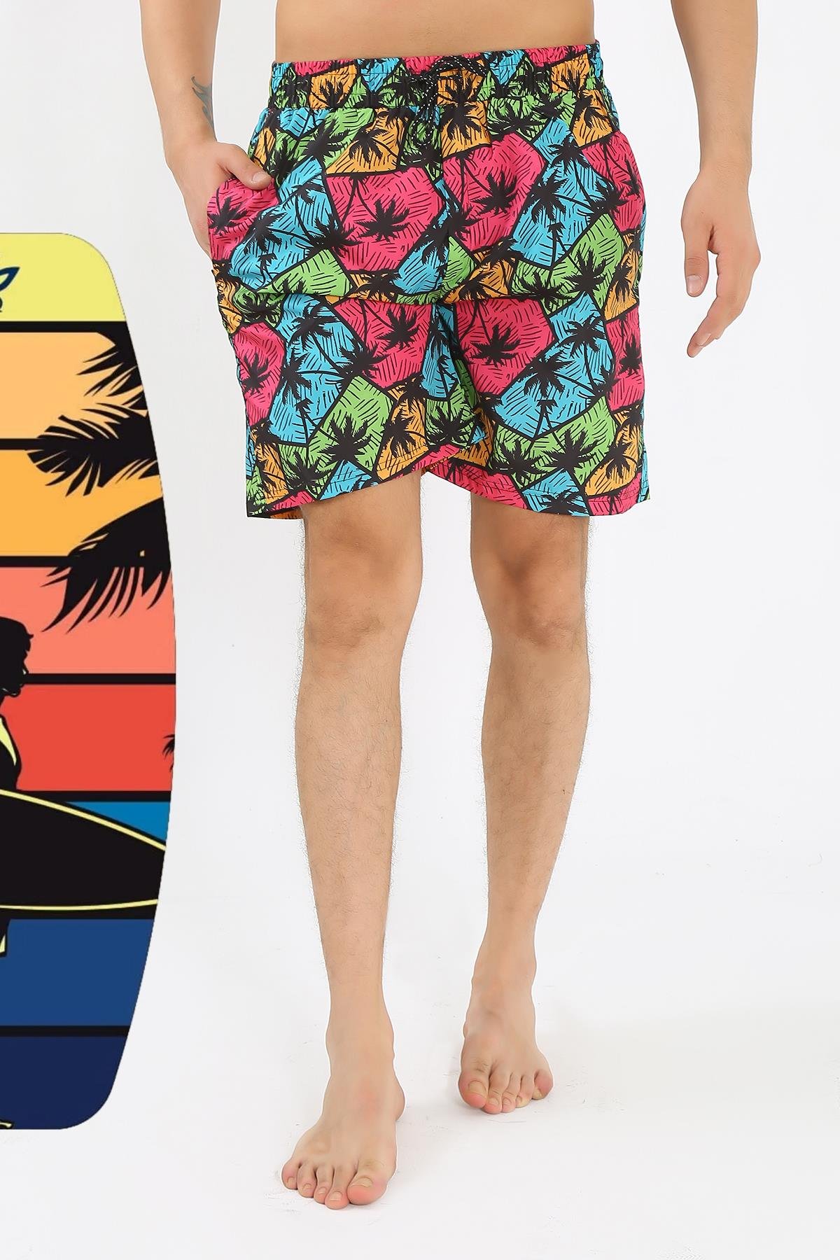 Akbeniz Erkek Desenli Fermuar Cepli Deniz Şortu Siyah 27526