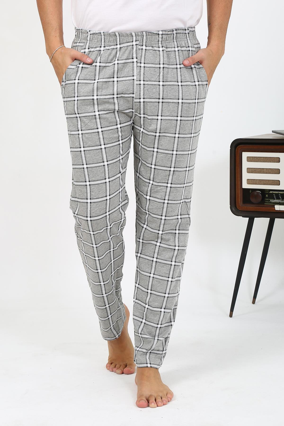 Akbeniz Erkek Ekoseli Desen Penye Tek Alt Pijama 27540 Gri