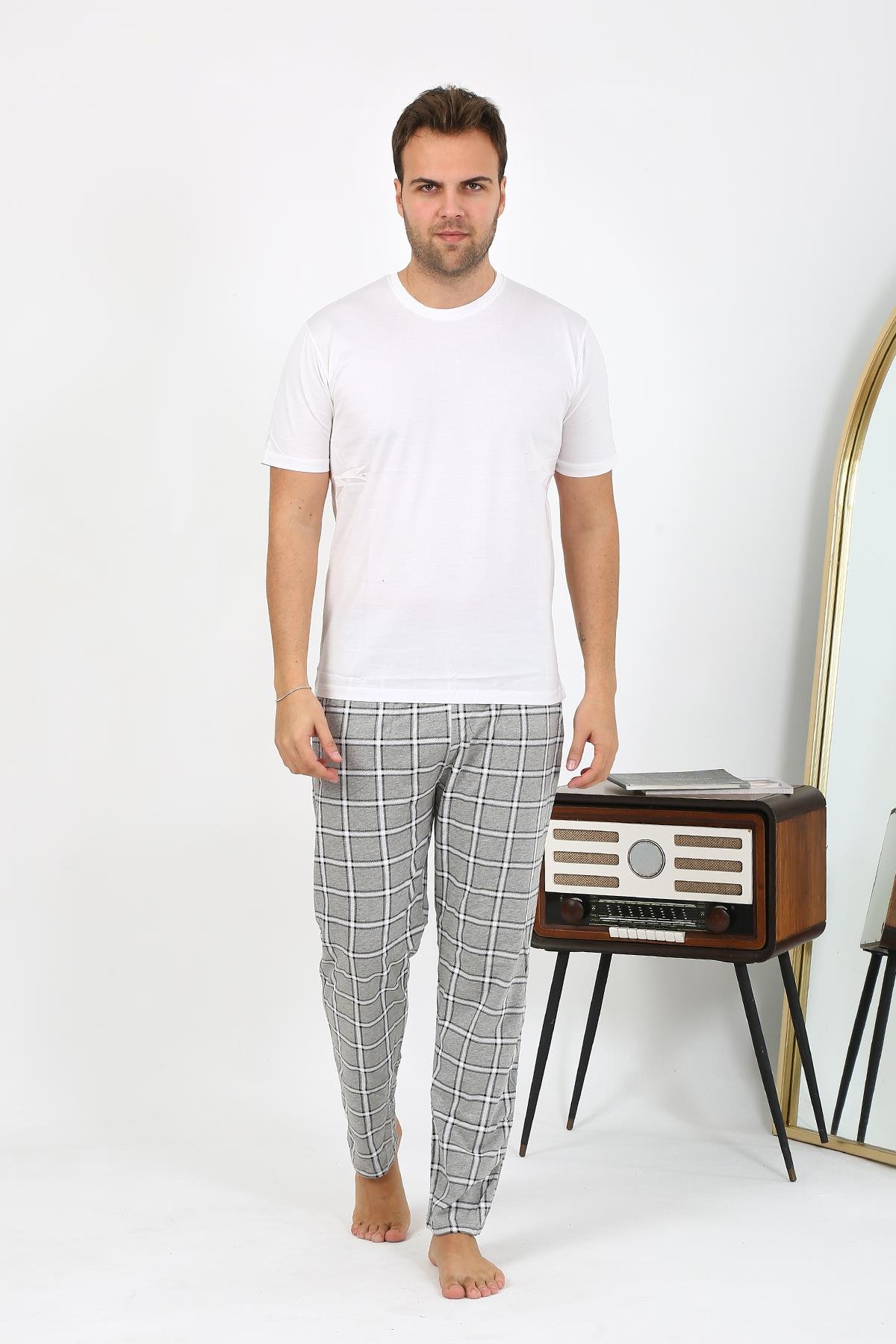 Akbeniz Erkek Ekoseli Desen Penye Tek Alt Pijama 27540 Gri