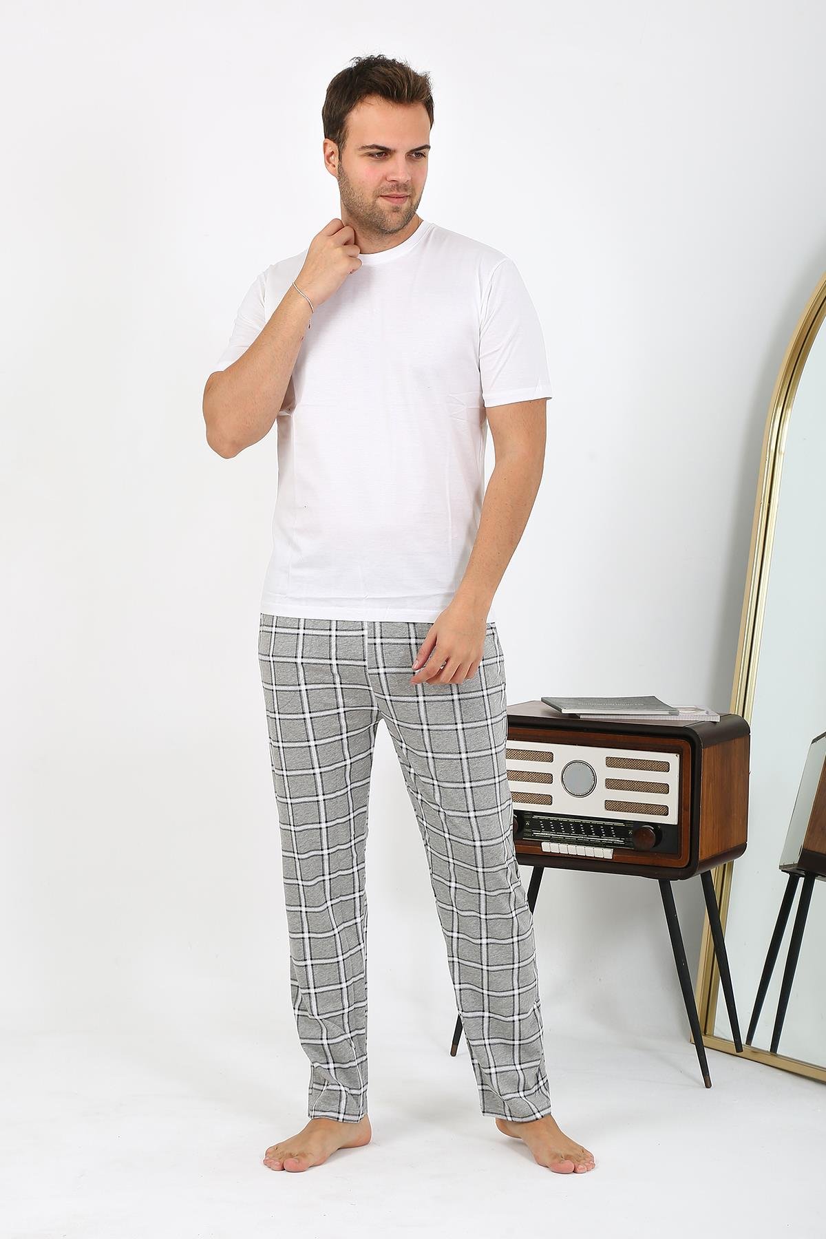 Akbeniz Erkek Ekoseli Desen Penye Tek Alt Pijama 27540 Gri