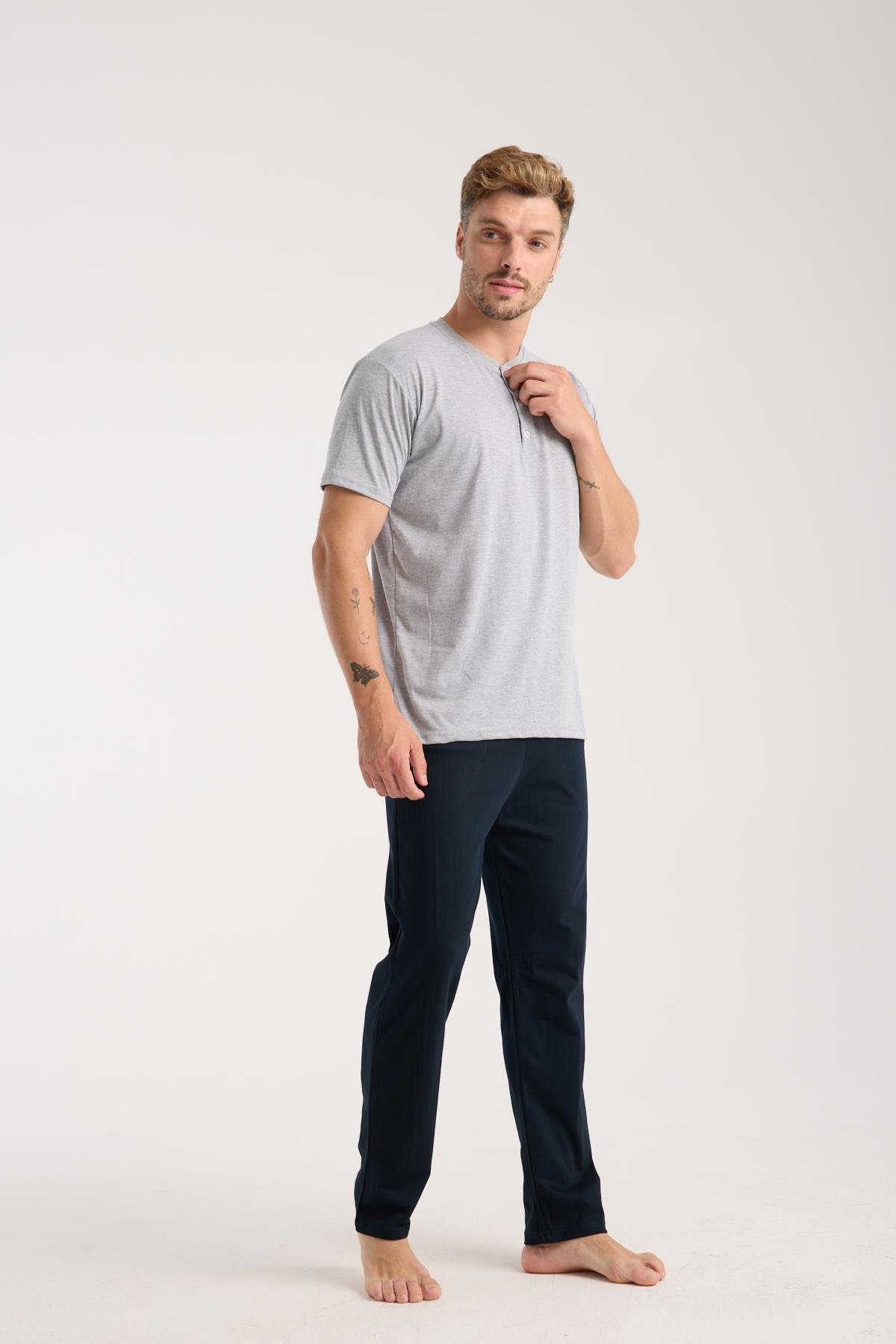Akbeniz Erkek Gri Düğmeli Yaka Kısa Kol Pijama Takımı