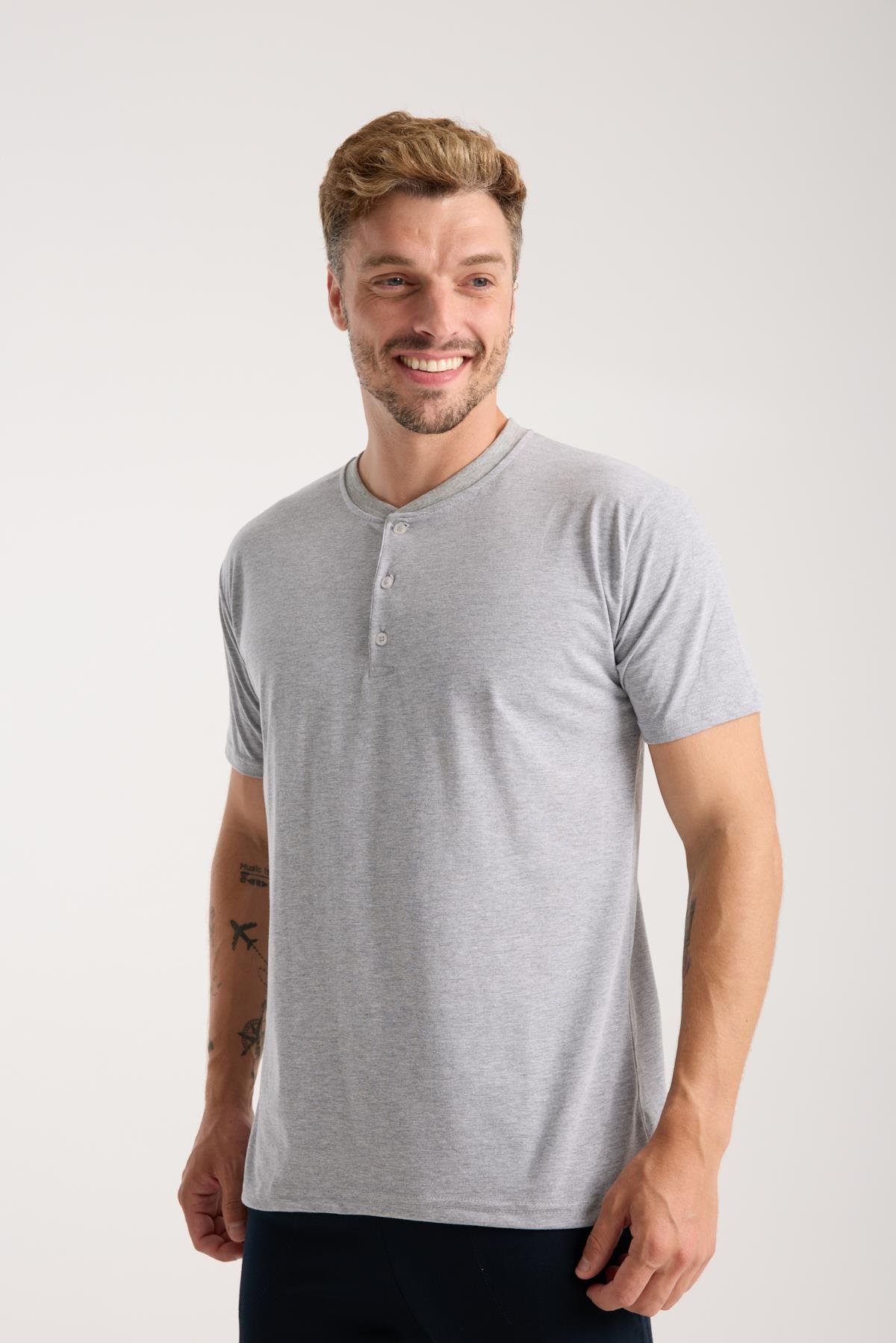 Akbeniz Erkek Gri Düğmeli Yaka Kısa Kol Pijama Takımı